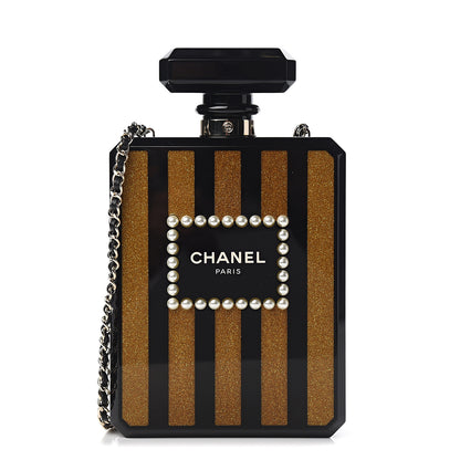 Chanel Plexiglass Perfume Bottle Clutch Black Gold 1 of 10