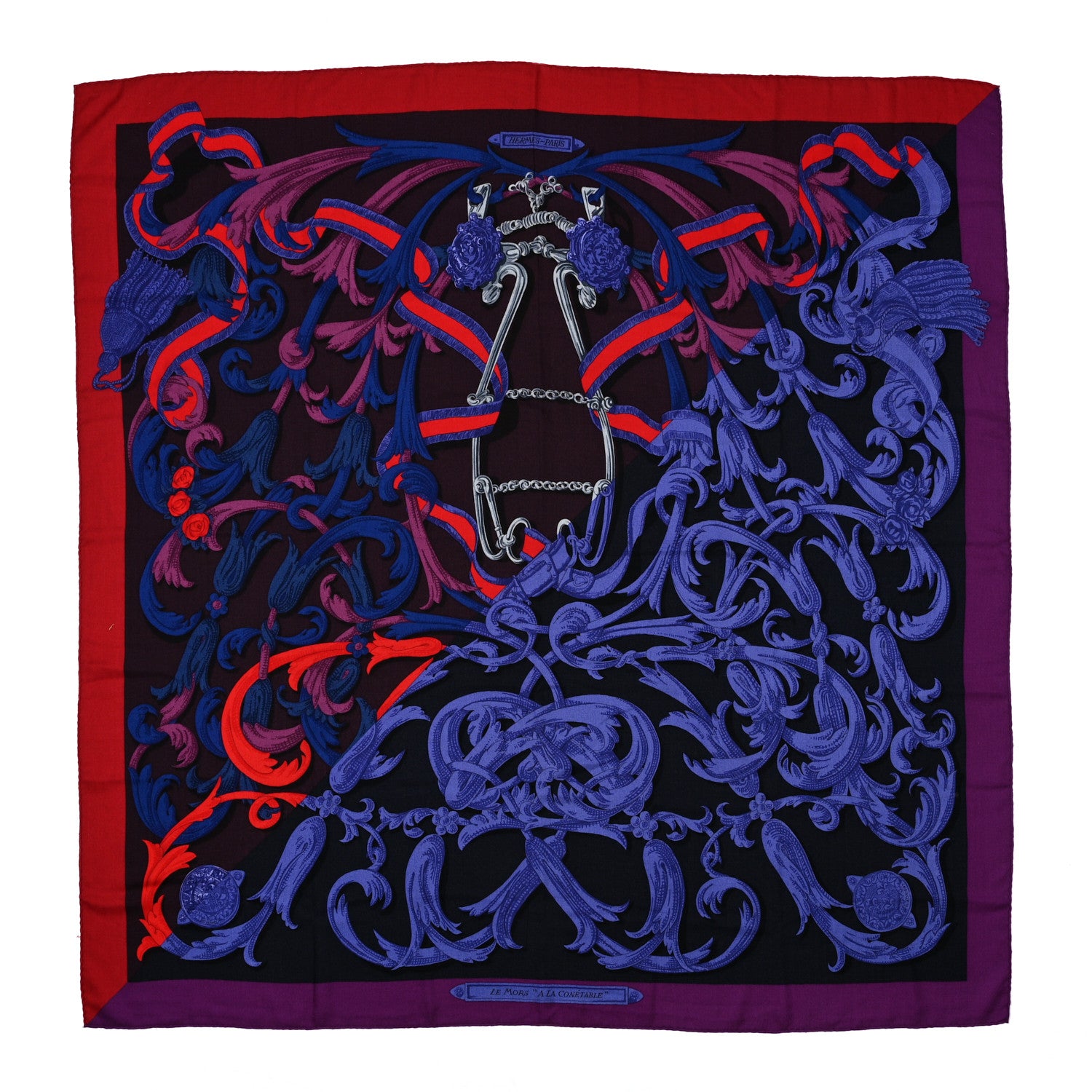 Hermes Cashmere Silk Le Mors a La Conetable Shawl 140 Rouge H Violet Parme 1 of 7