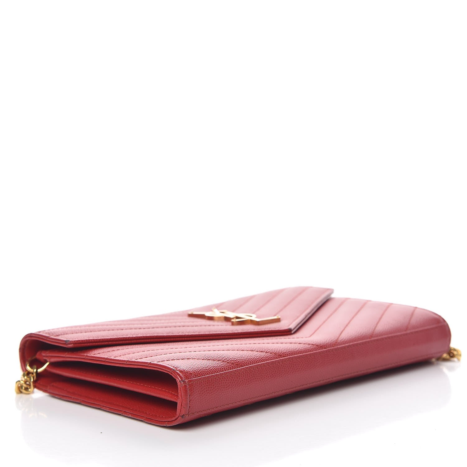 Saint Laurent Grain De Poudre Matelasse Chevron Monogram Chain Wallet New Red 4 of 14