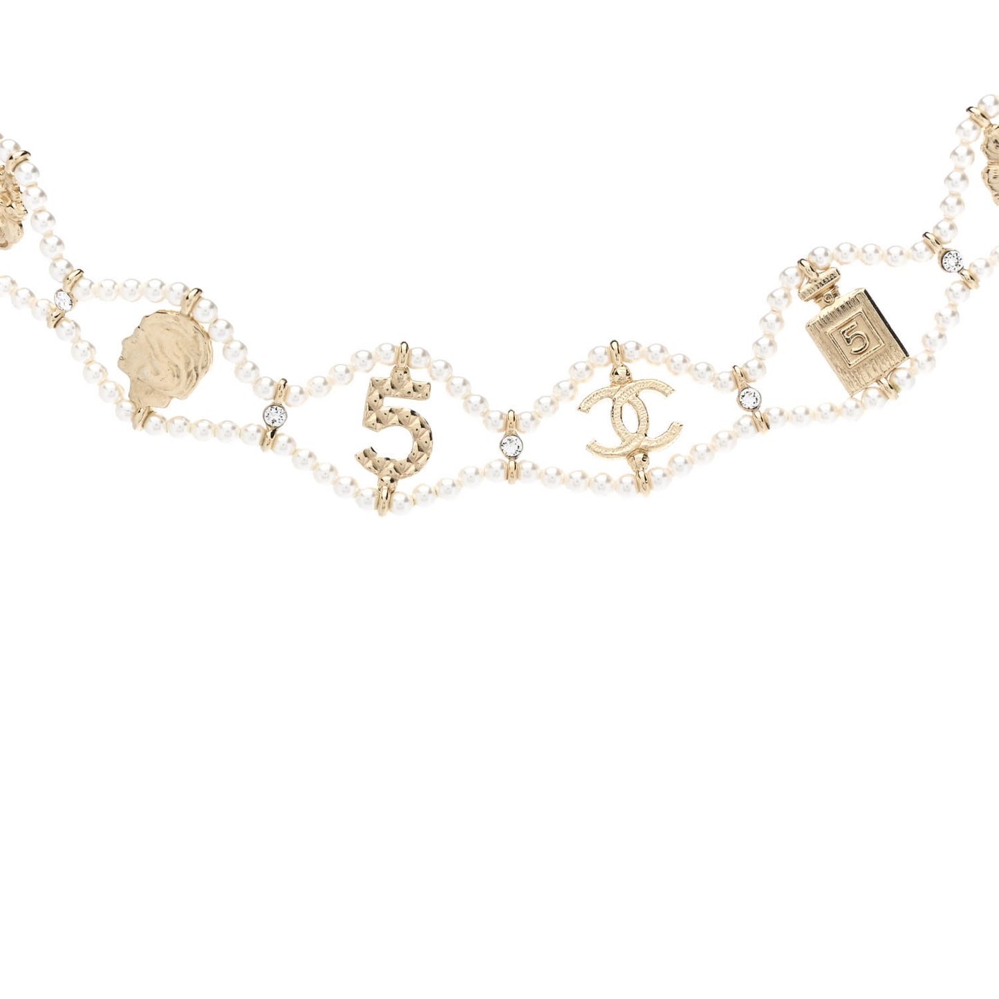 Pearl Crystal CC No 5 Perfume Bottle Choker Necklace Gold