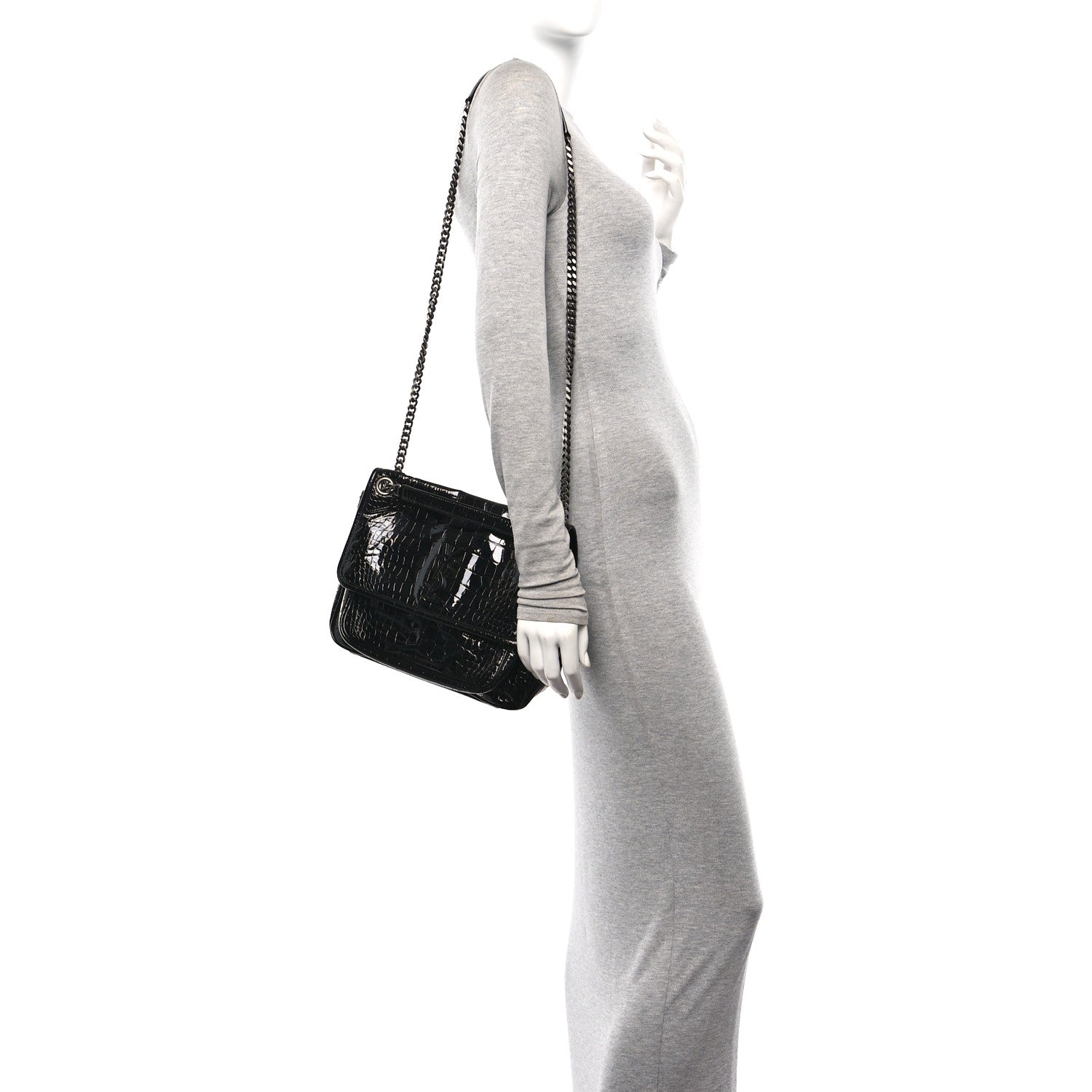 Saint Laurent Patent Crocodile Embossed Lambskin Monogram Medium Niki Chain Satchel Black 2 of 10