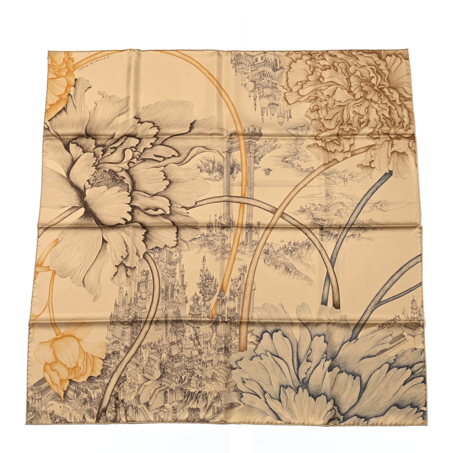 Hermes Silk A L'Ombre Des Pivoines Scarf 90 Beige Dore Marron 1 of 6