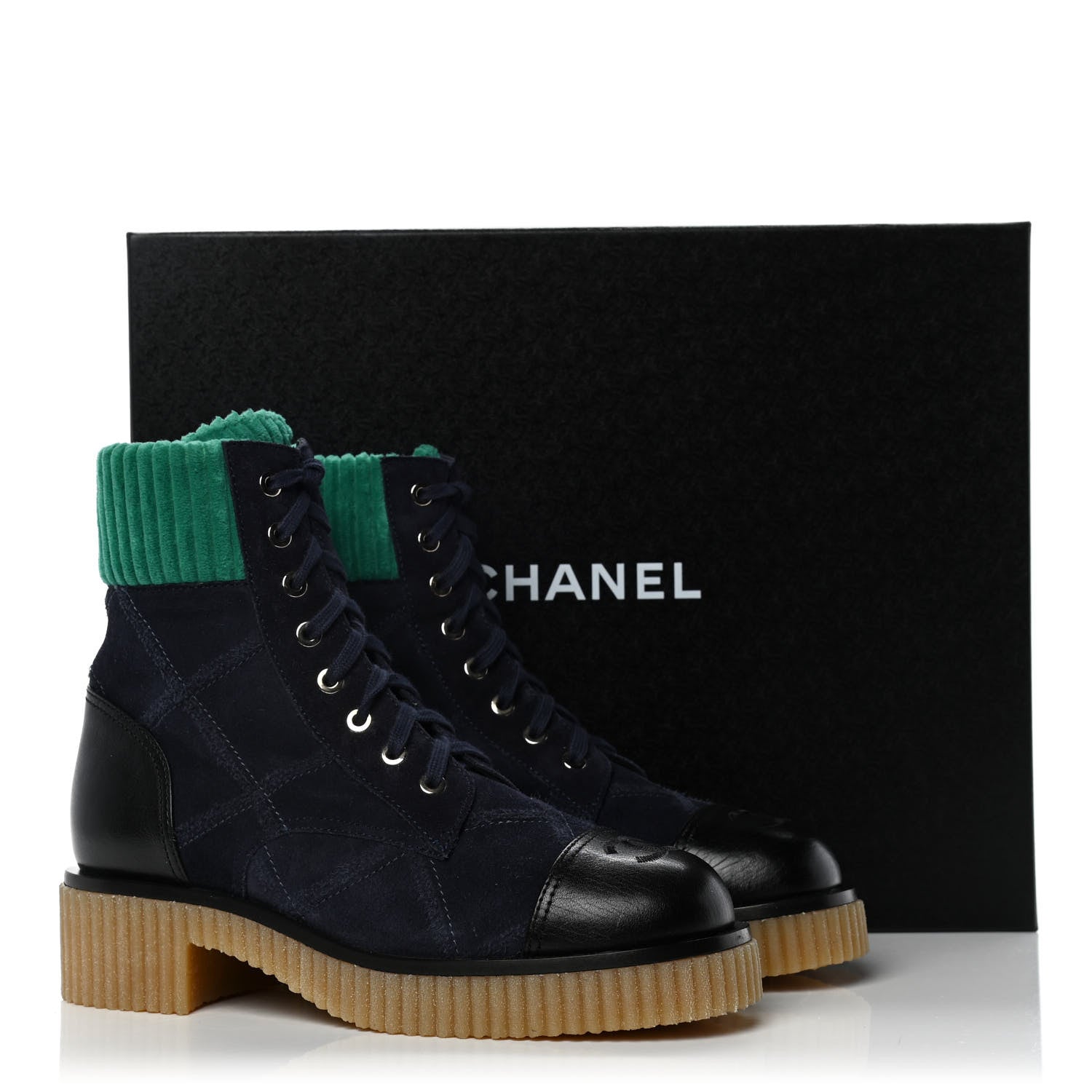 Chanel Suede Calfskin Velvet Quilted CC Combat Boots 38 Navy Green Black 9 of 9