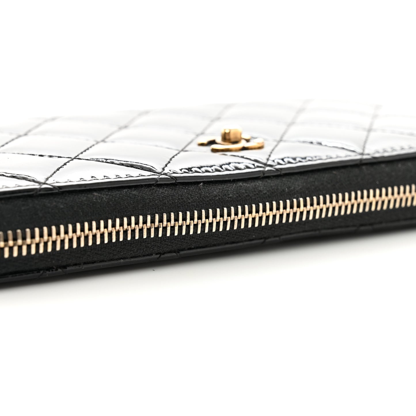 Patent Quilted Small Zip Around Wallet Black