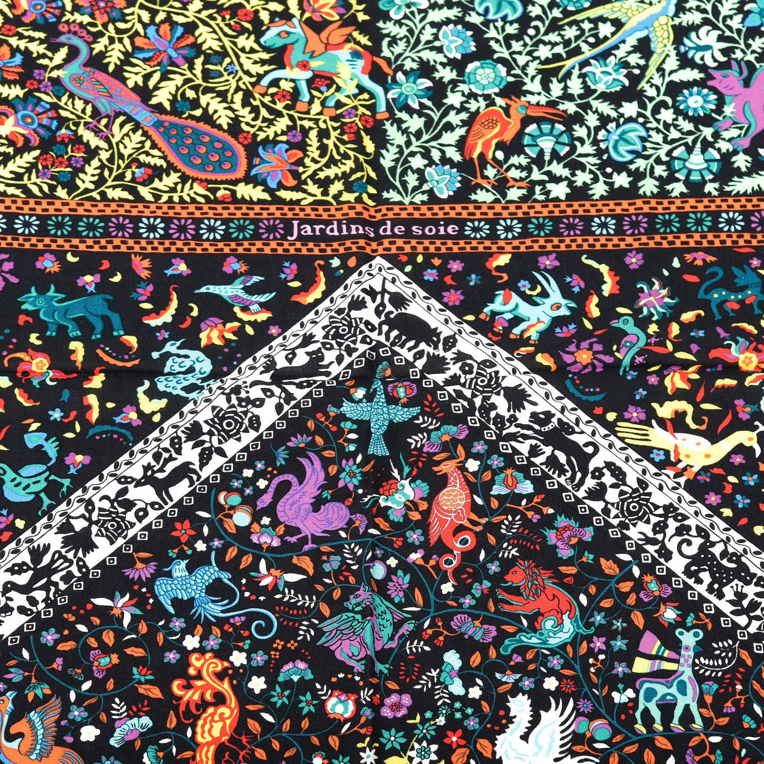 Hermes Cashmere Silk Jardins De Soie Shawl 140 Black Vert Multicolor 2 of 6