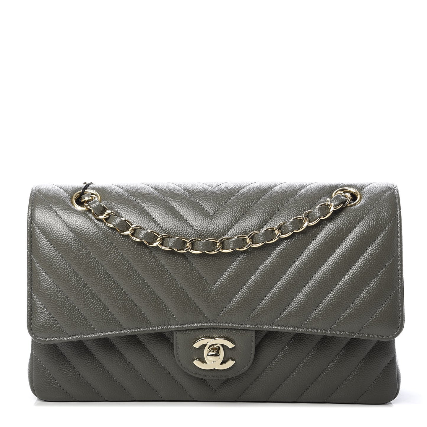 Caviar Chevron Quilted Medium Double Flap Dark Grey