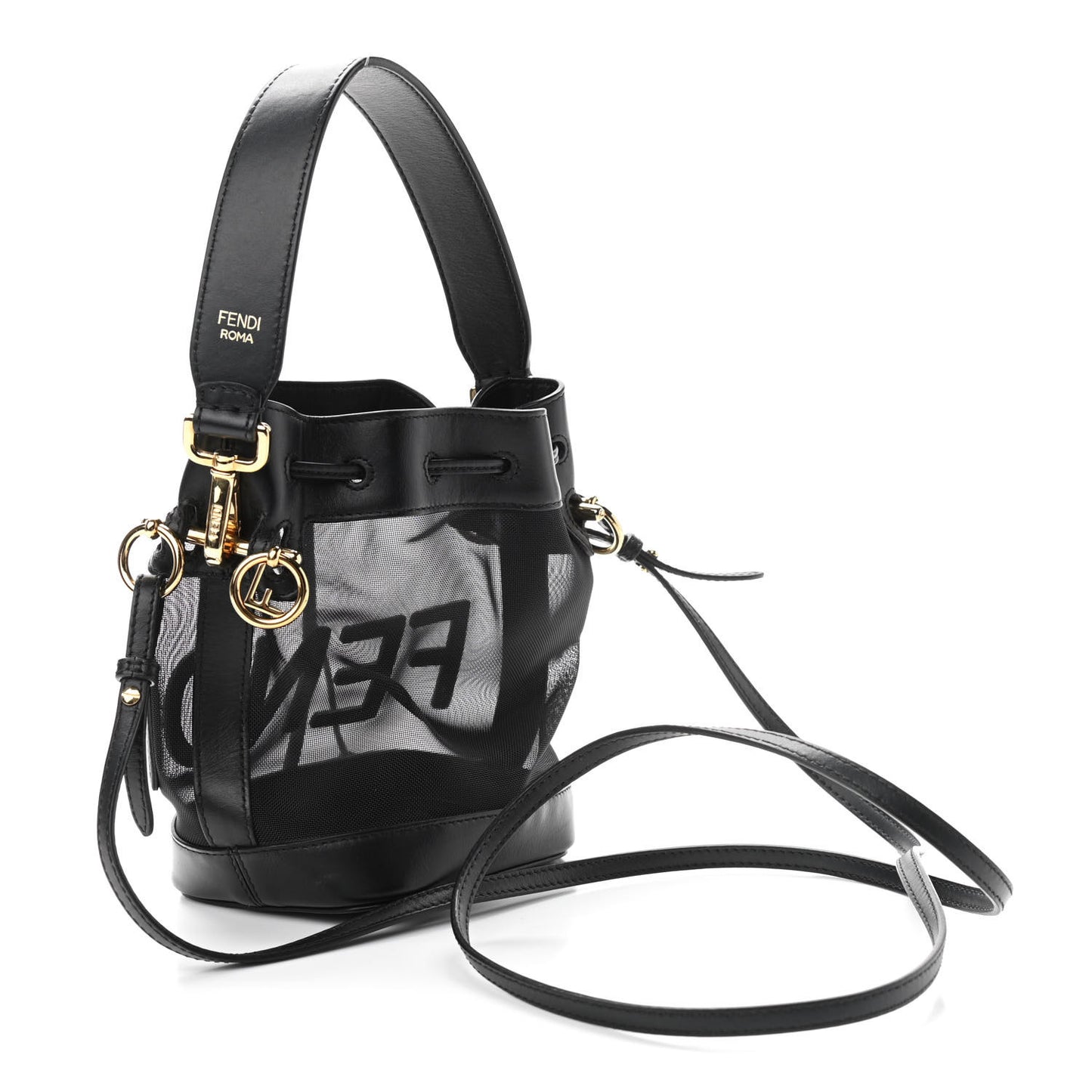 Mesh Vitello King F is Fendi Logo Embroidered Mini Mon Tresor Bucket Bag Black