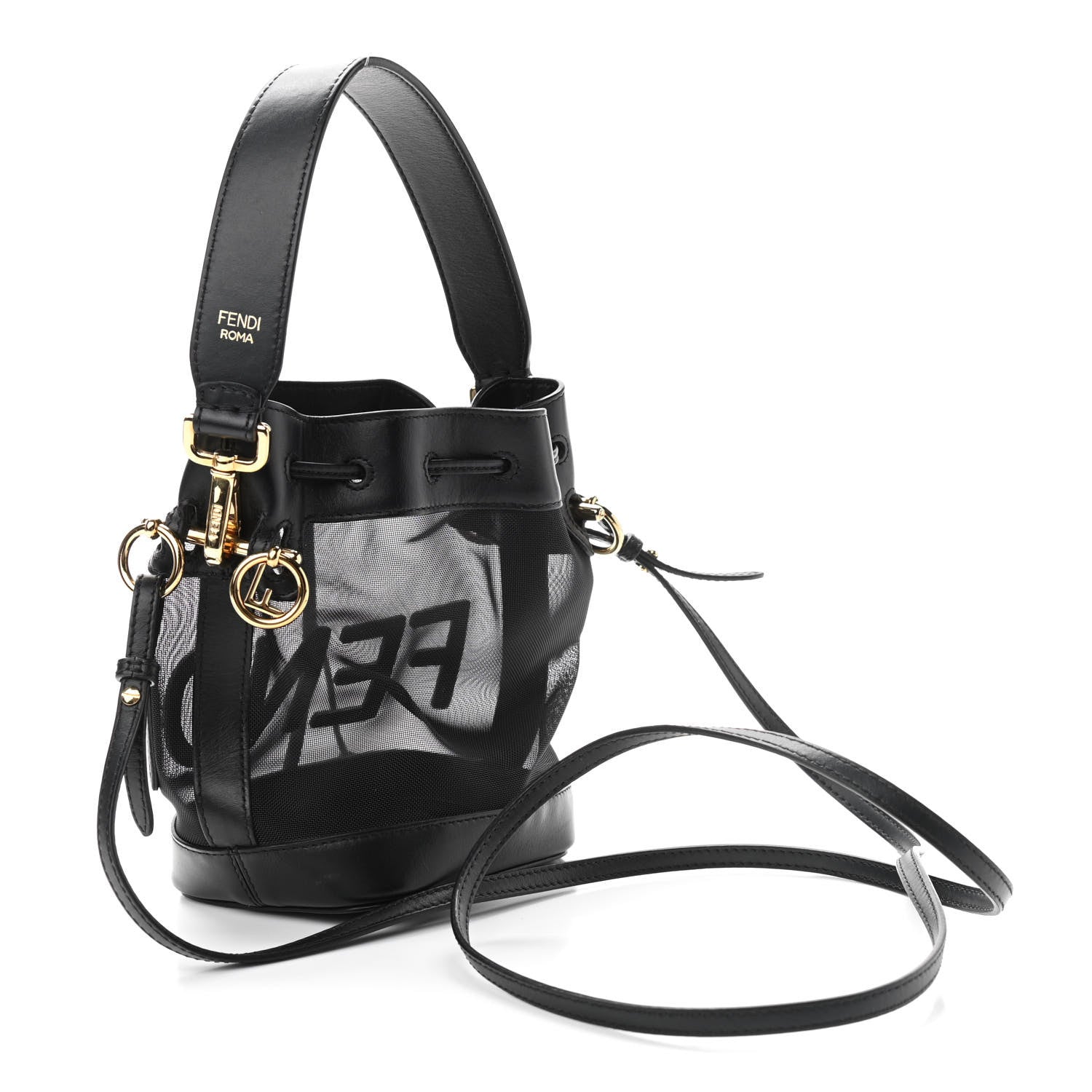Fendi Mesh Vitello King F is Fendi Logo Embroidered Mini Mon Tresor Bucket Bag Black 3 of 10