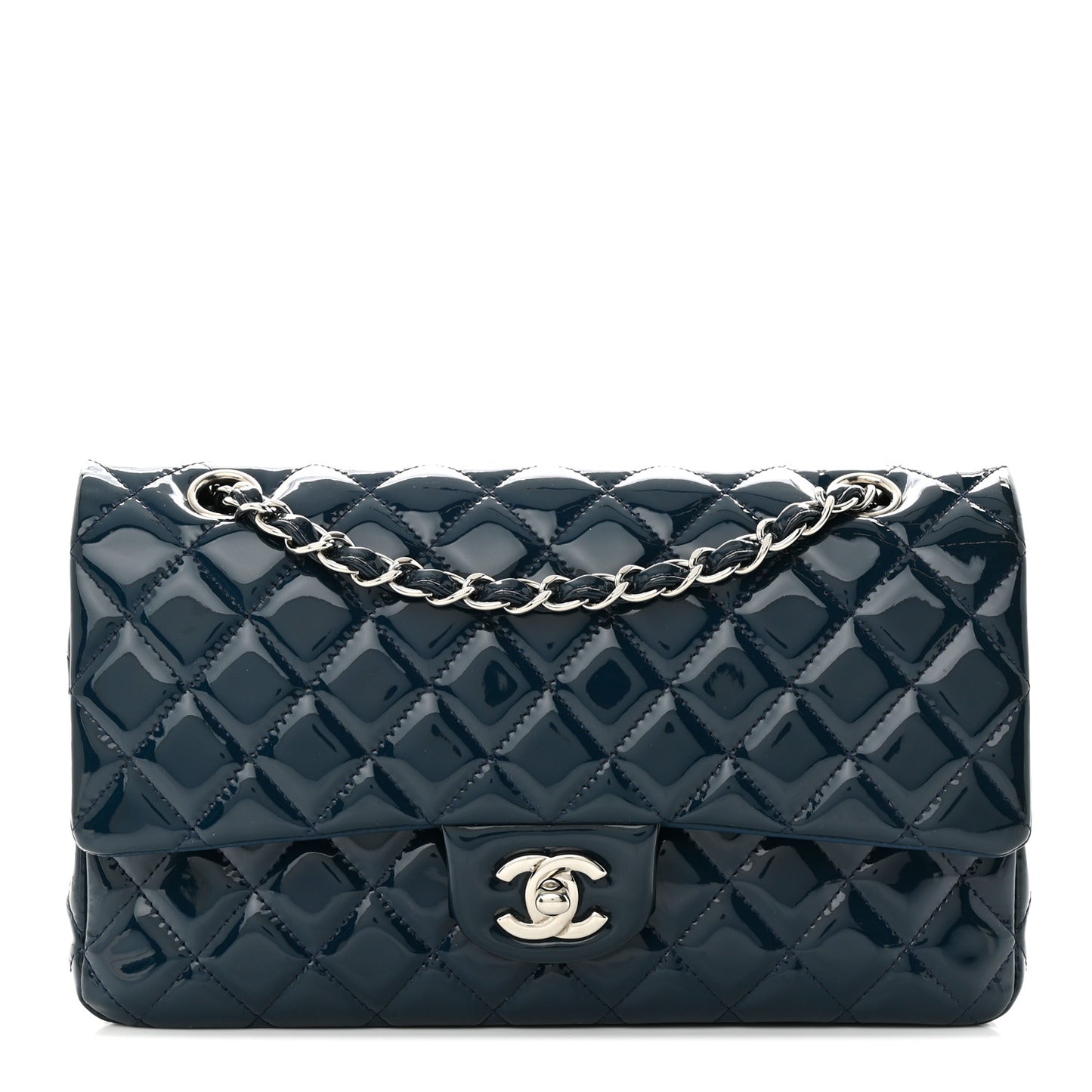 Patent Quilted Medium Double Flap Navy