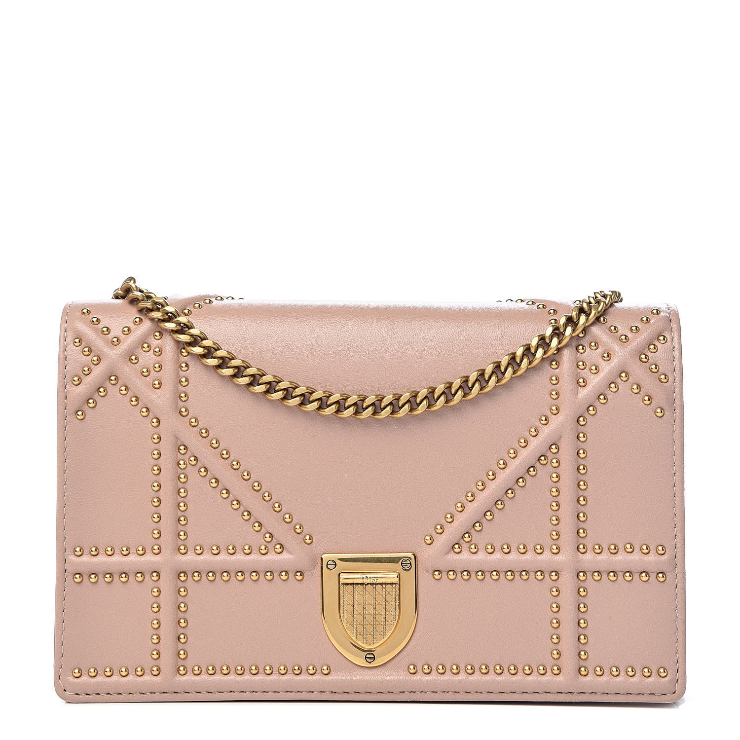 Christian Dior Calfskin Studded Diorama Wallet on Chain Pouch Nude 1 of 10