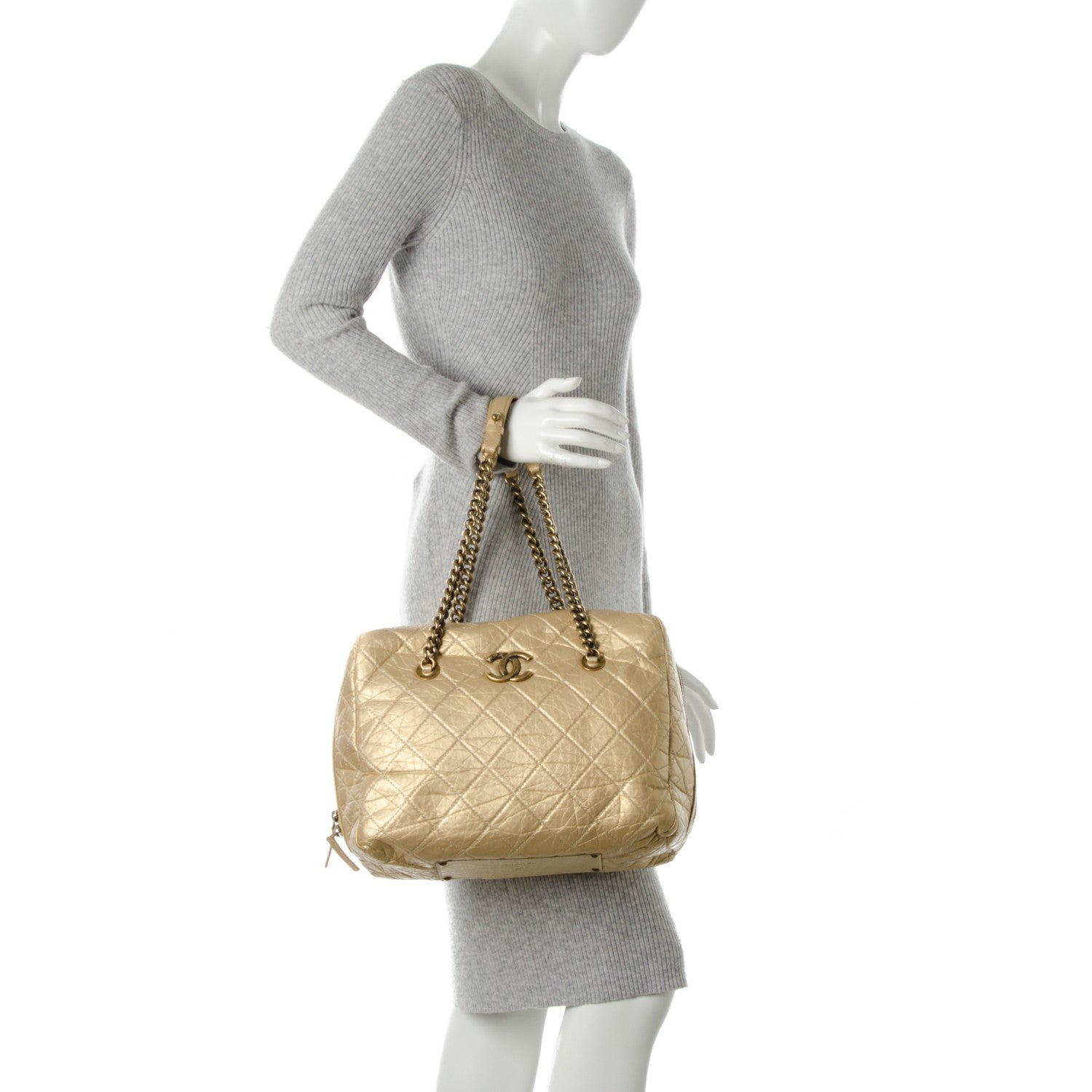 Chanel Metallic Aged Calfskin Quilted Large Secret Tag Bowling Bag Gold 2 of 8