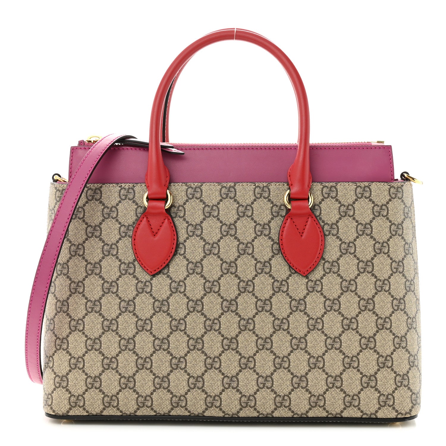 Gucci GG Supreme Monogram Moon Calfskin Small Zip Top Tote Beige Ebony Hibiscus Red New Rosette 1 of 14