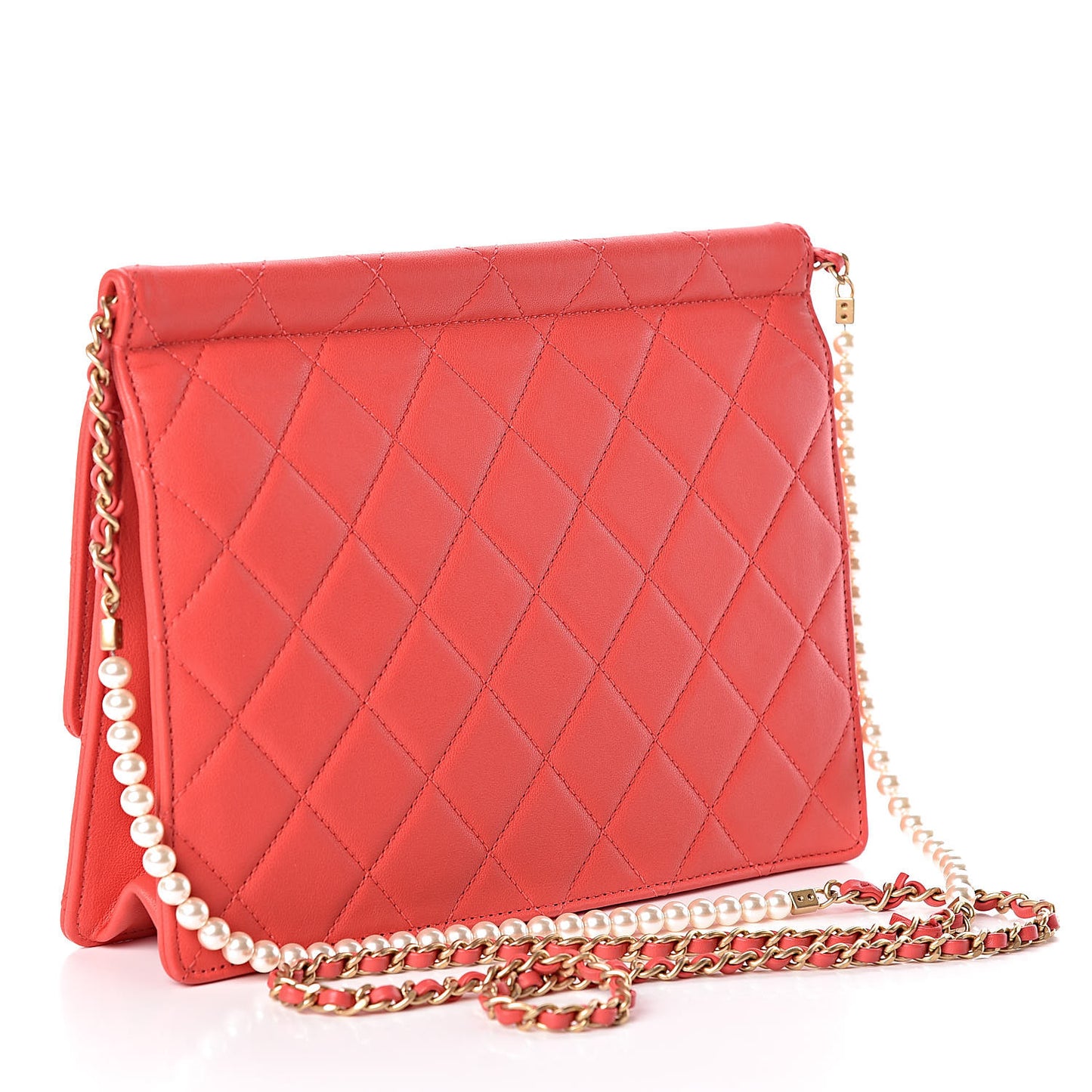 Lambskin Quilted Large Pearl Chain Flap Bag Red