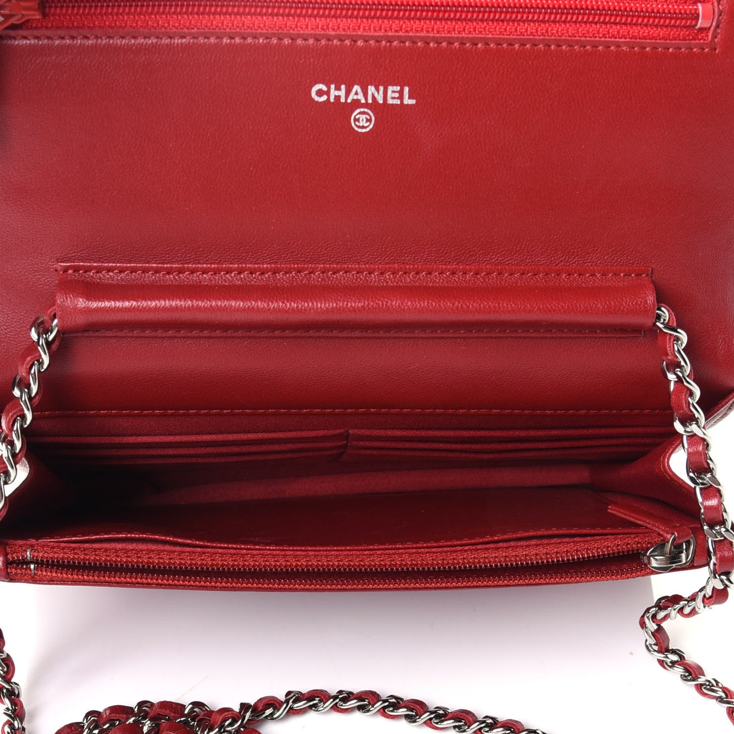 Lambskin Camellia Embossed Wallet On Chain WOC Red