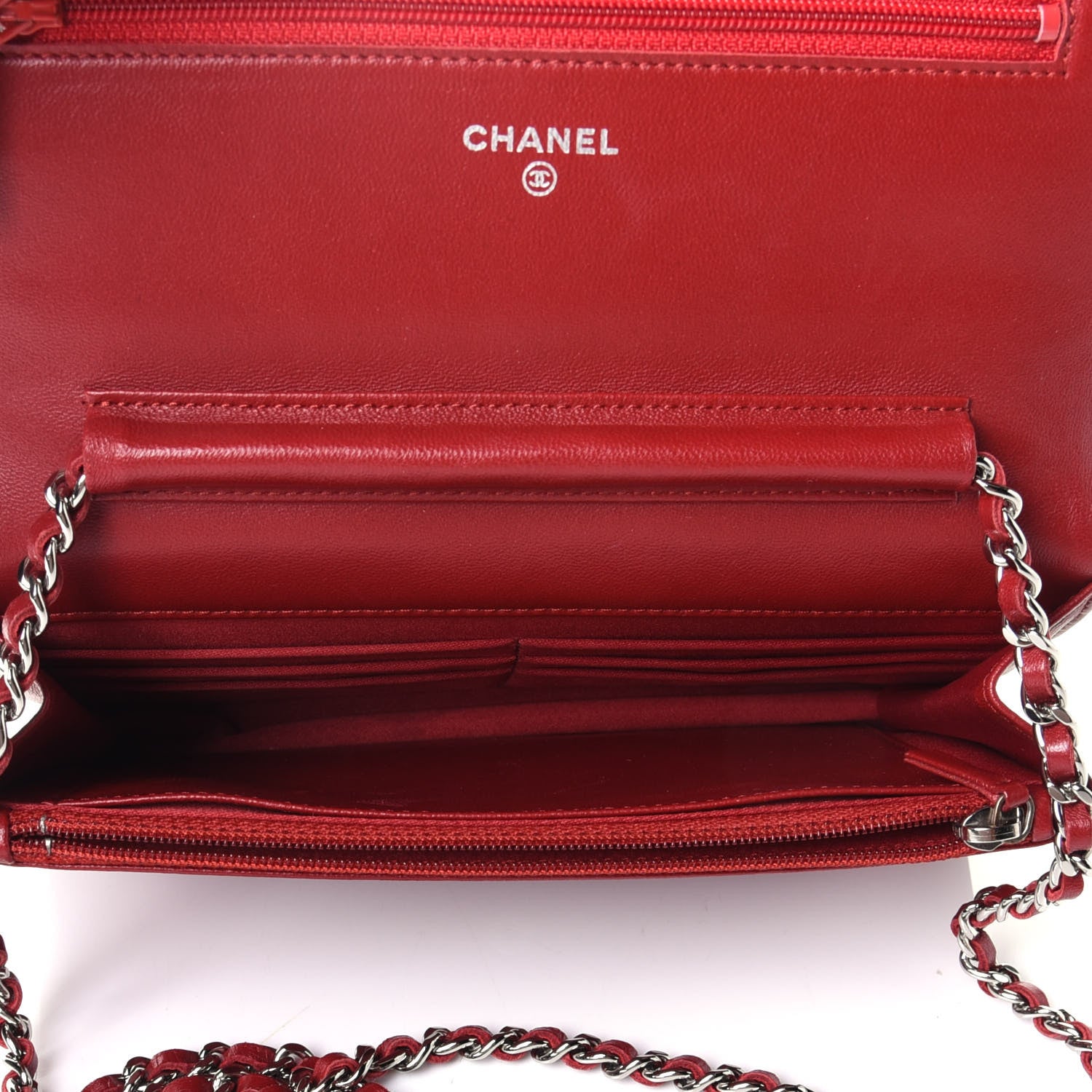Chanel Lambskin Camellia Embossed Wallet On Chain WOC Red 3 of 4