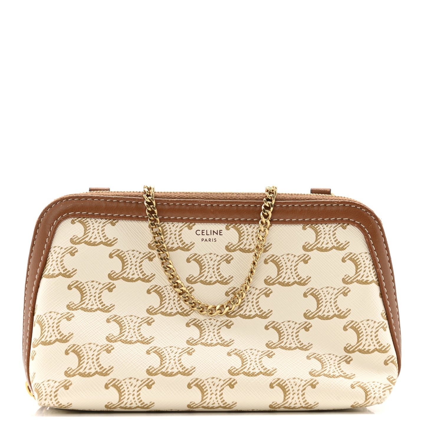 Lambskin Triomphe Canvas Clutch With Chain White Tan