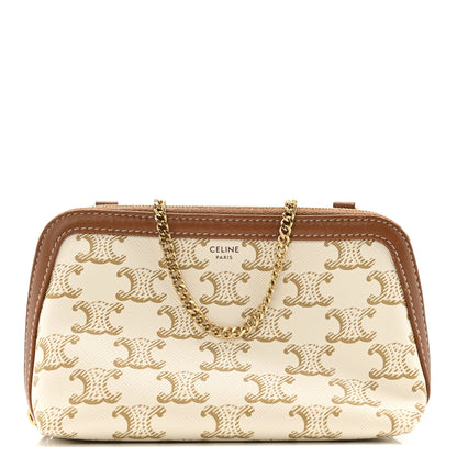 Celine Lambskin Triomphe Canvas Clutch With Chain White Tan 1 of 12