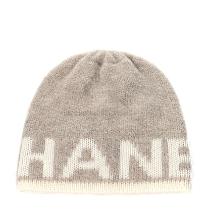 Chanel Cashmere Wool Silk Logo Beanie Hat Beige White 1 of 4