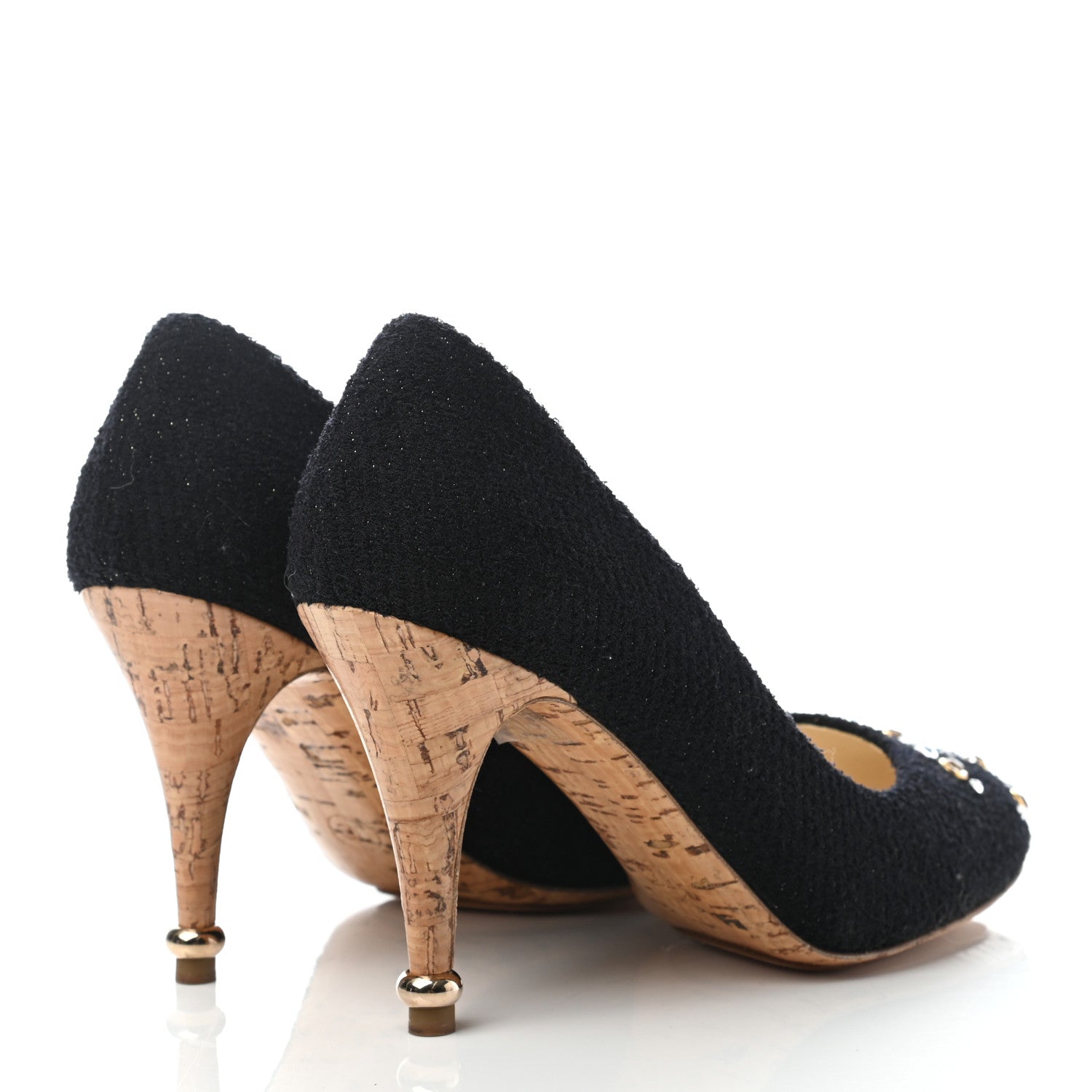 Chanel Tweed Crystal Cork CC Pumps 37.5 Black 4 of 8