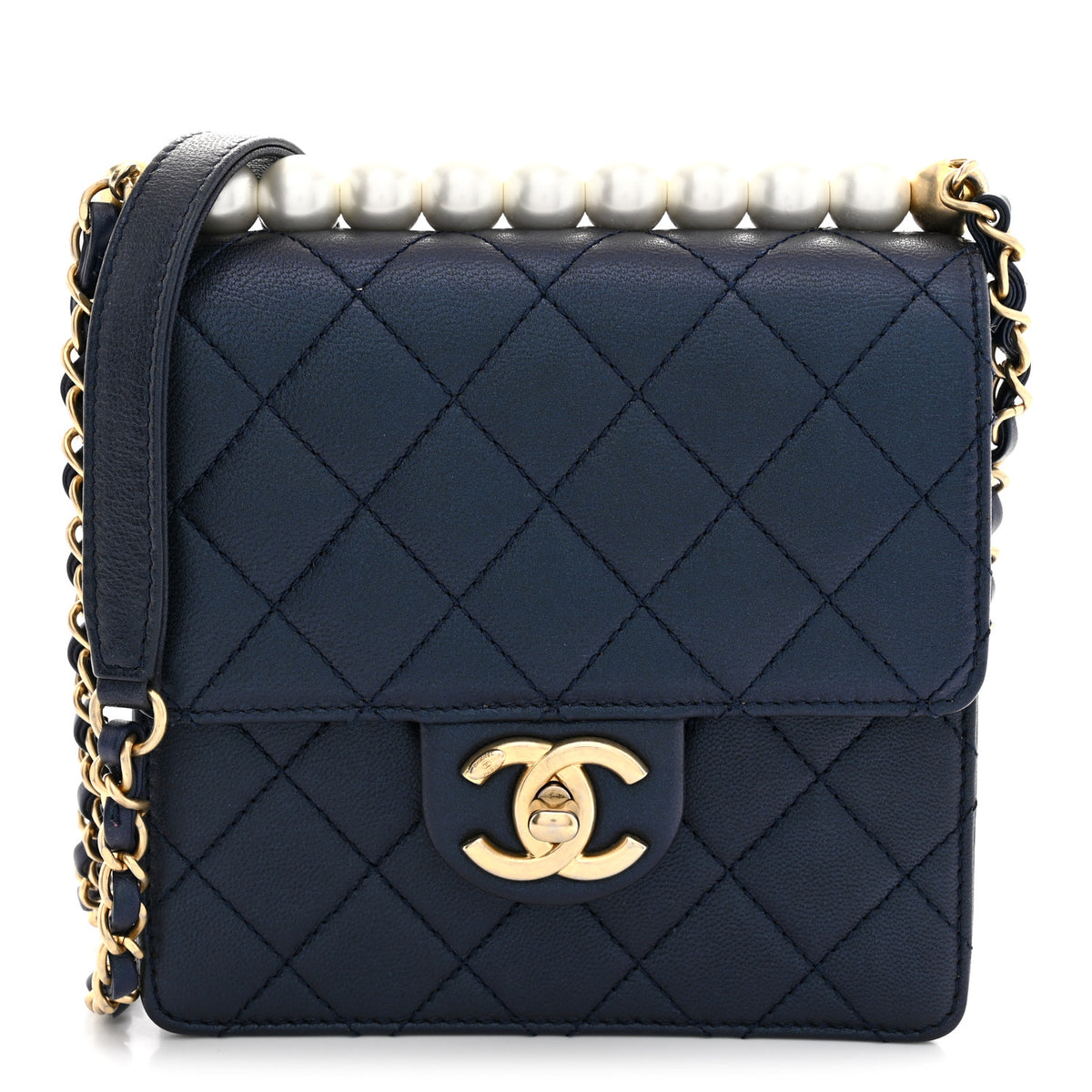 Iridescent Lambskin Quilted Chic Pearls Flap  Navy Blue