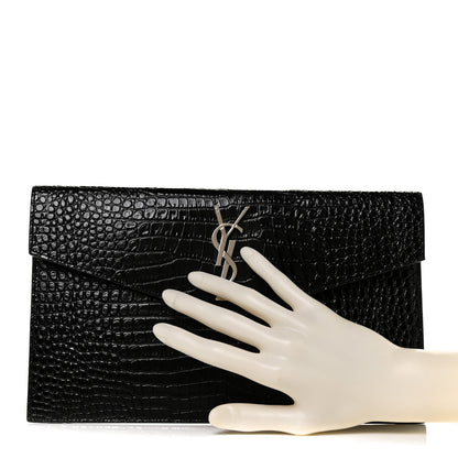 Saint Laurent Calfskin Crocodile Embossed Uptown Monogram Clutch Black 2 of 10