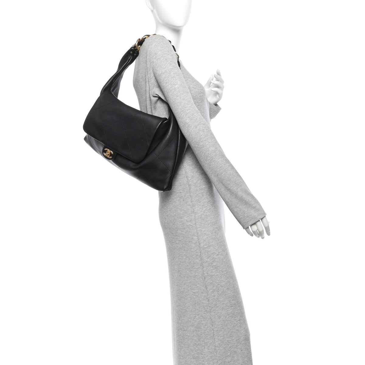Shiny Calfskin Quilted Maxi Chain Hobo Black