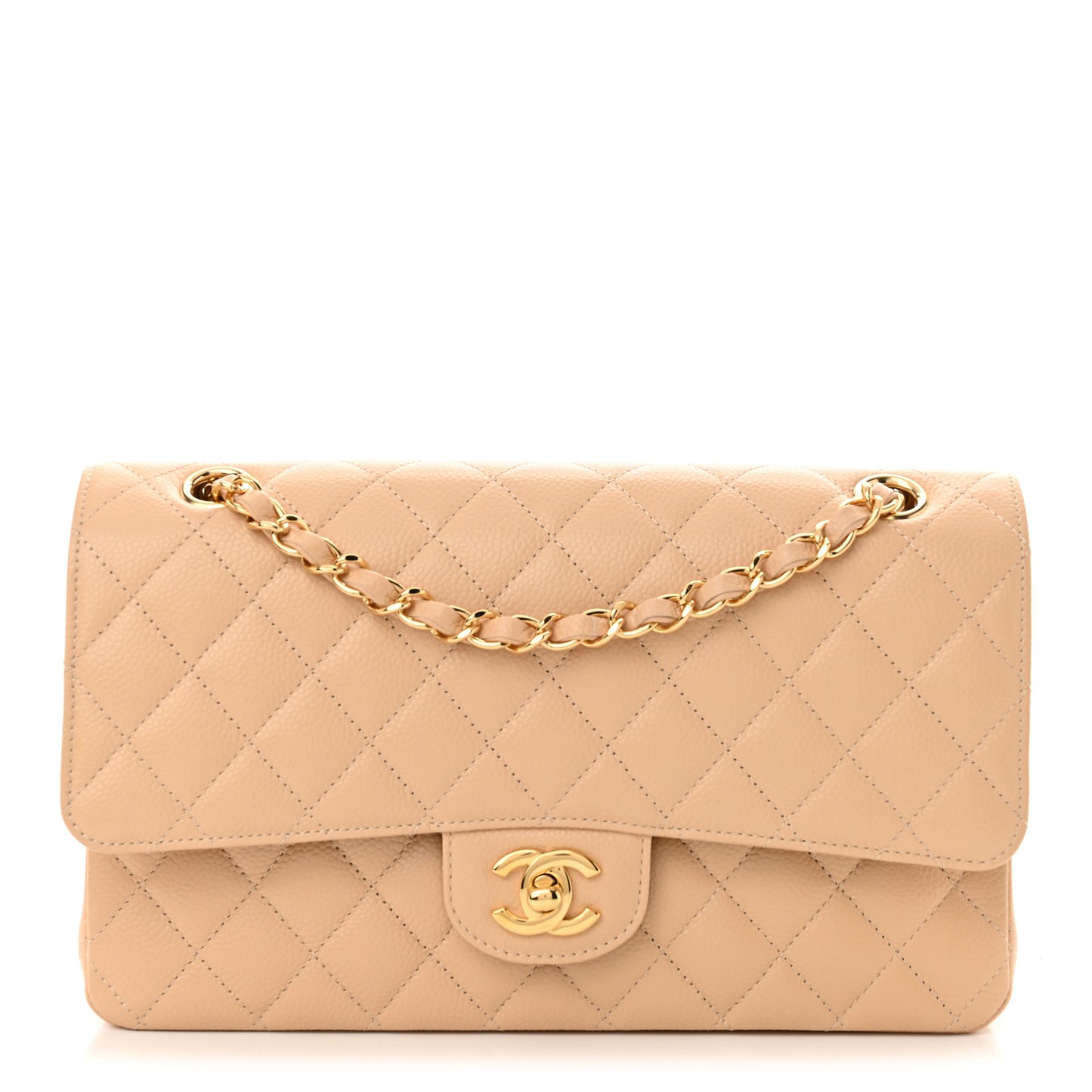 Caviar Quilted Medium Double Flap Beige