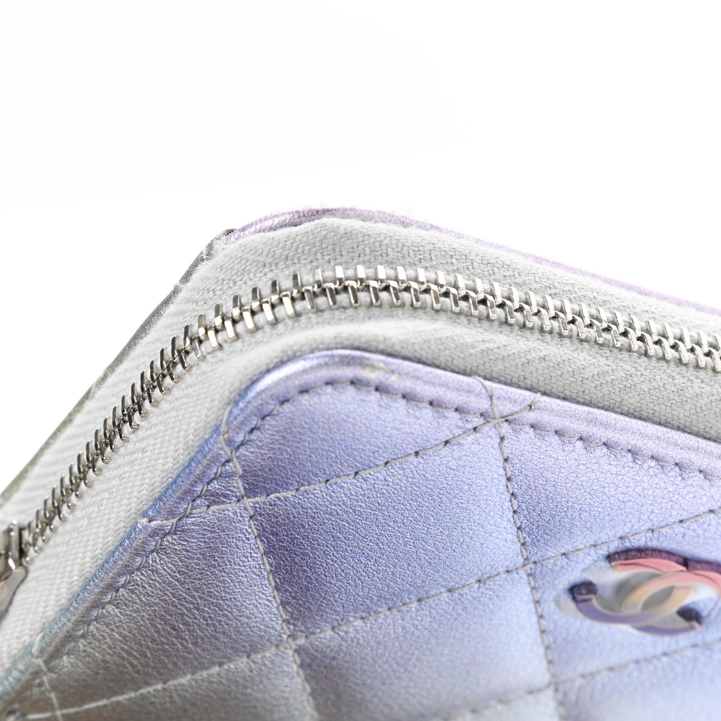 Gradient Metallic Calfskin Quilted Zip Around Coin Purse Wallet Silver Blue Yellow Purple
