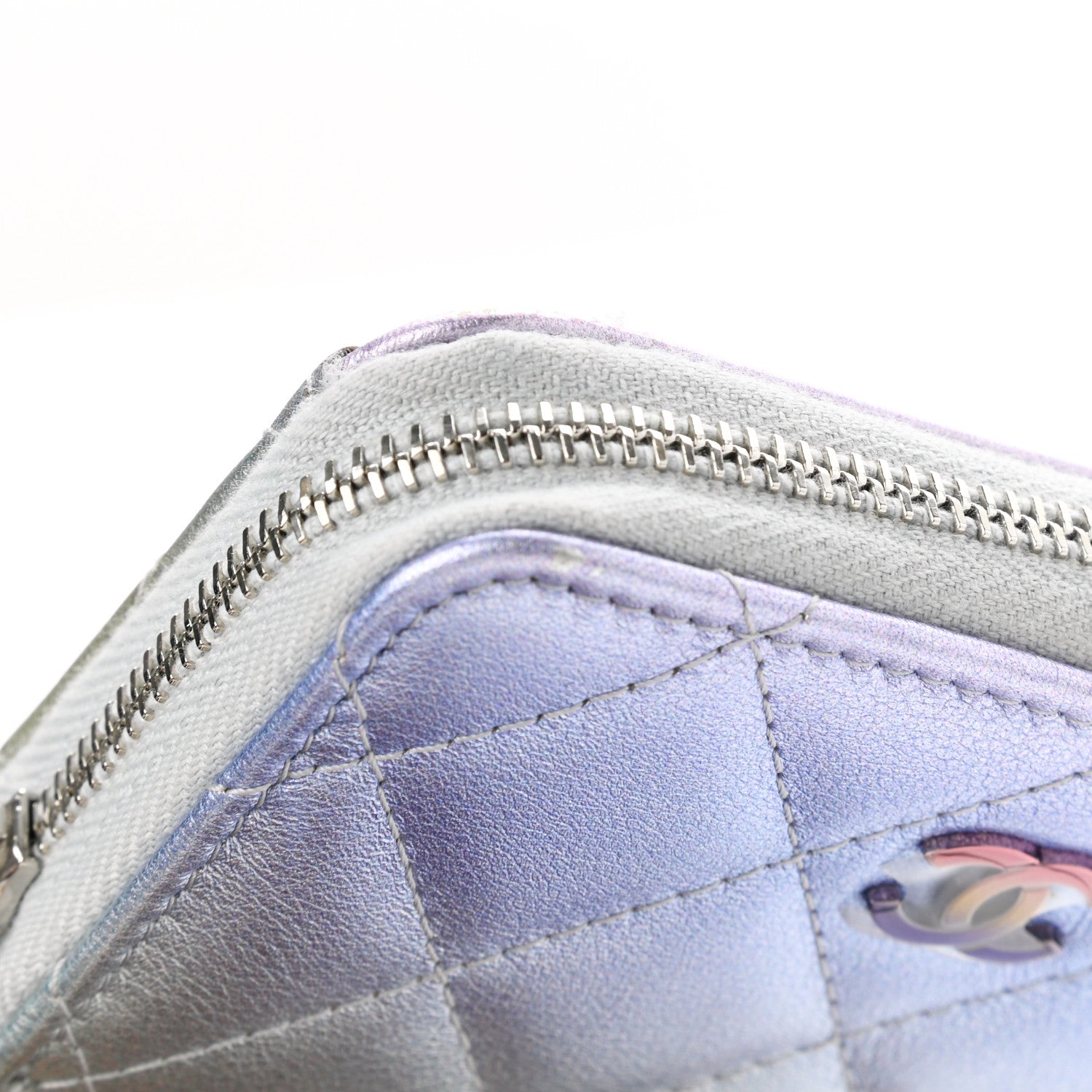 Chanel Gradient Metallic Calfskin Quilted Zip Around Coin Purse Wallet Silver Blue Yellow Purple 8 of 10