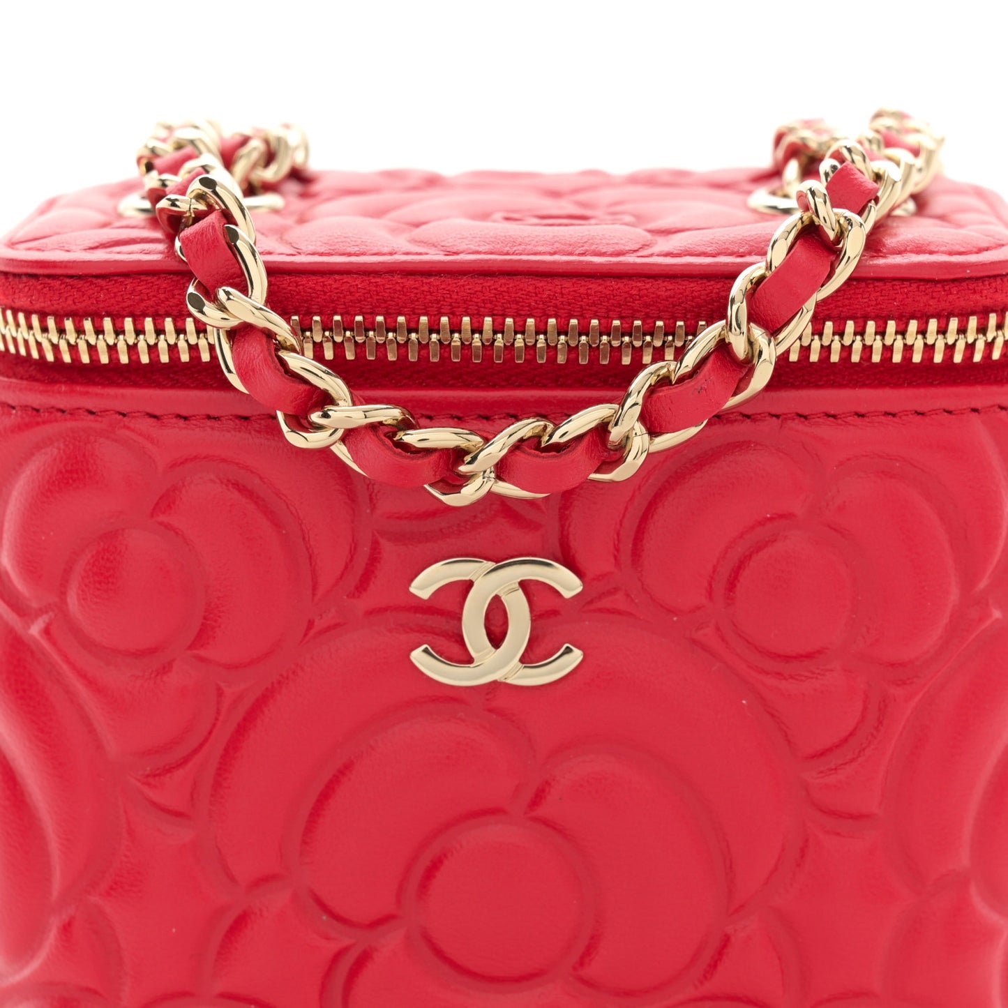 Lambskin Camellia Embossed Mini Vanity Case With Chain Red