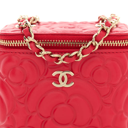 Chanel Lambskin Camellia Embossed Mini Vanity Case With Chain Red 8 of 11