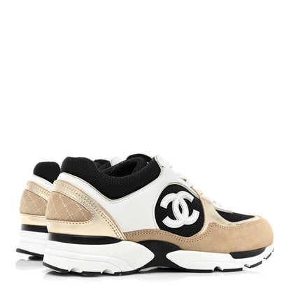Chanel Mesh Suede Calfskin Womens CC Sneakers 36 White Black Beige Gold 5 of 9