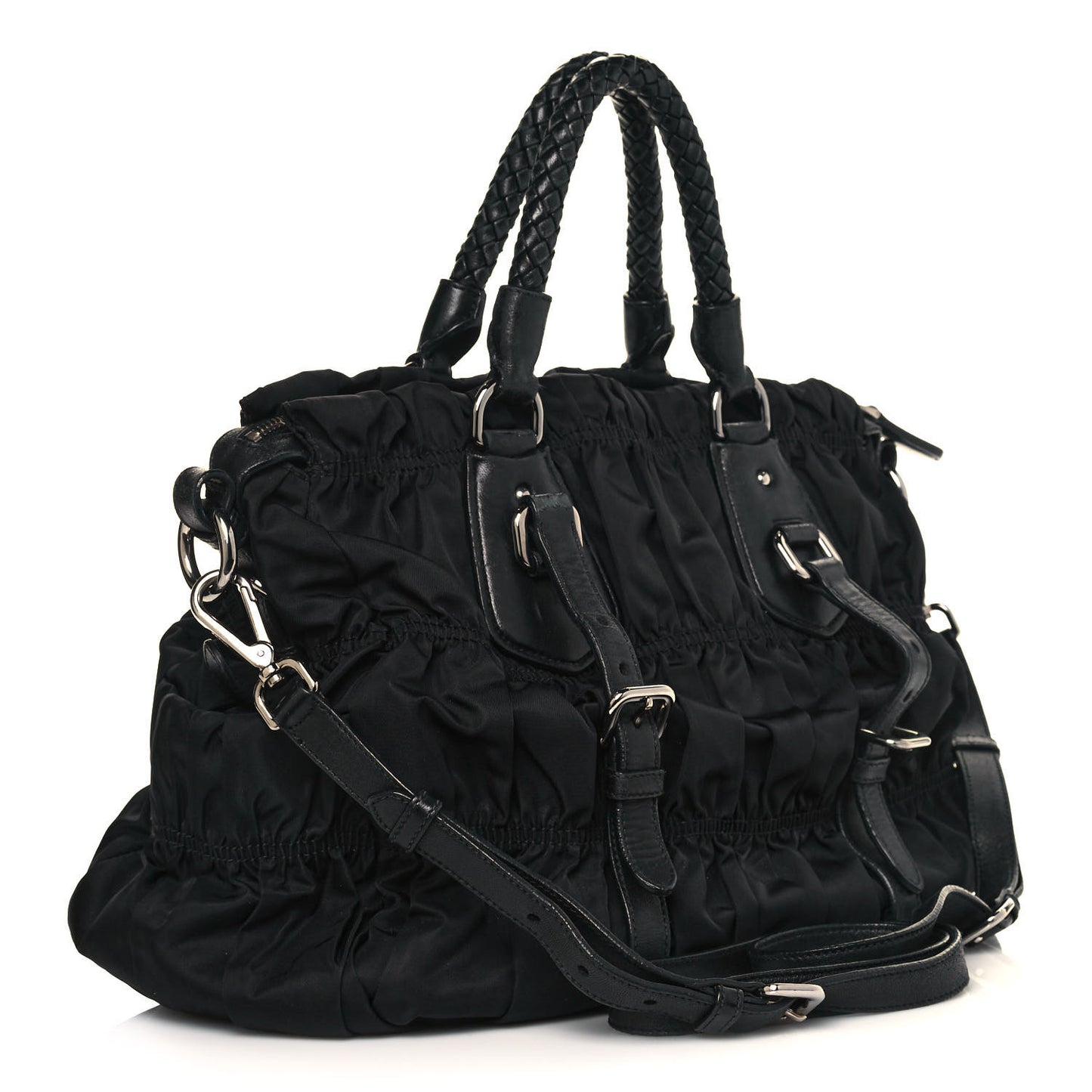Tessuto Nylon Nappa Braided Gaufre Shopping Satchel Black