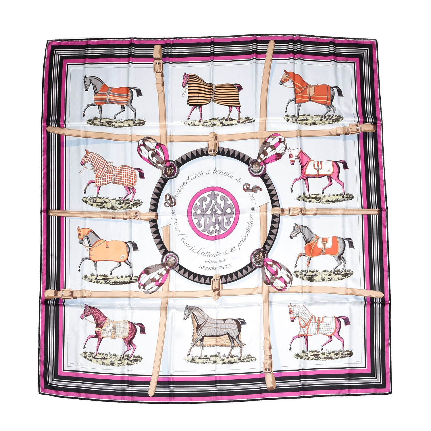 Hermes Silk Couvertures Et Tenues de Jour Scarf 140 Gris Perle Fuchsia Black 1 of 6