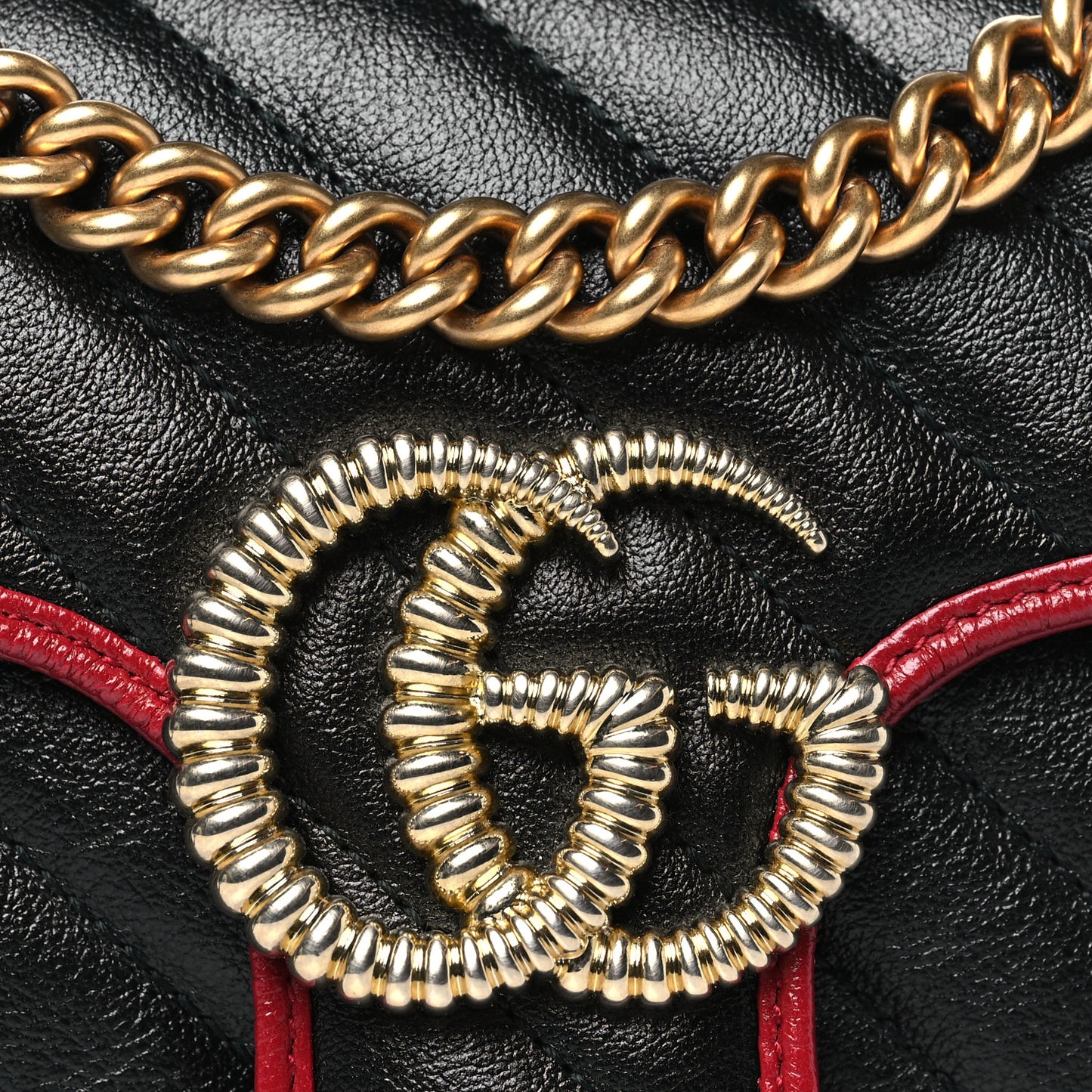 Vintage Effect Calfskin Matelasse Diagonal Small Torchon GG Marmont Shoulder Bag Black Romantic Cherry
