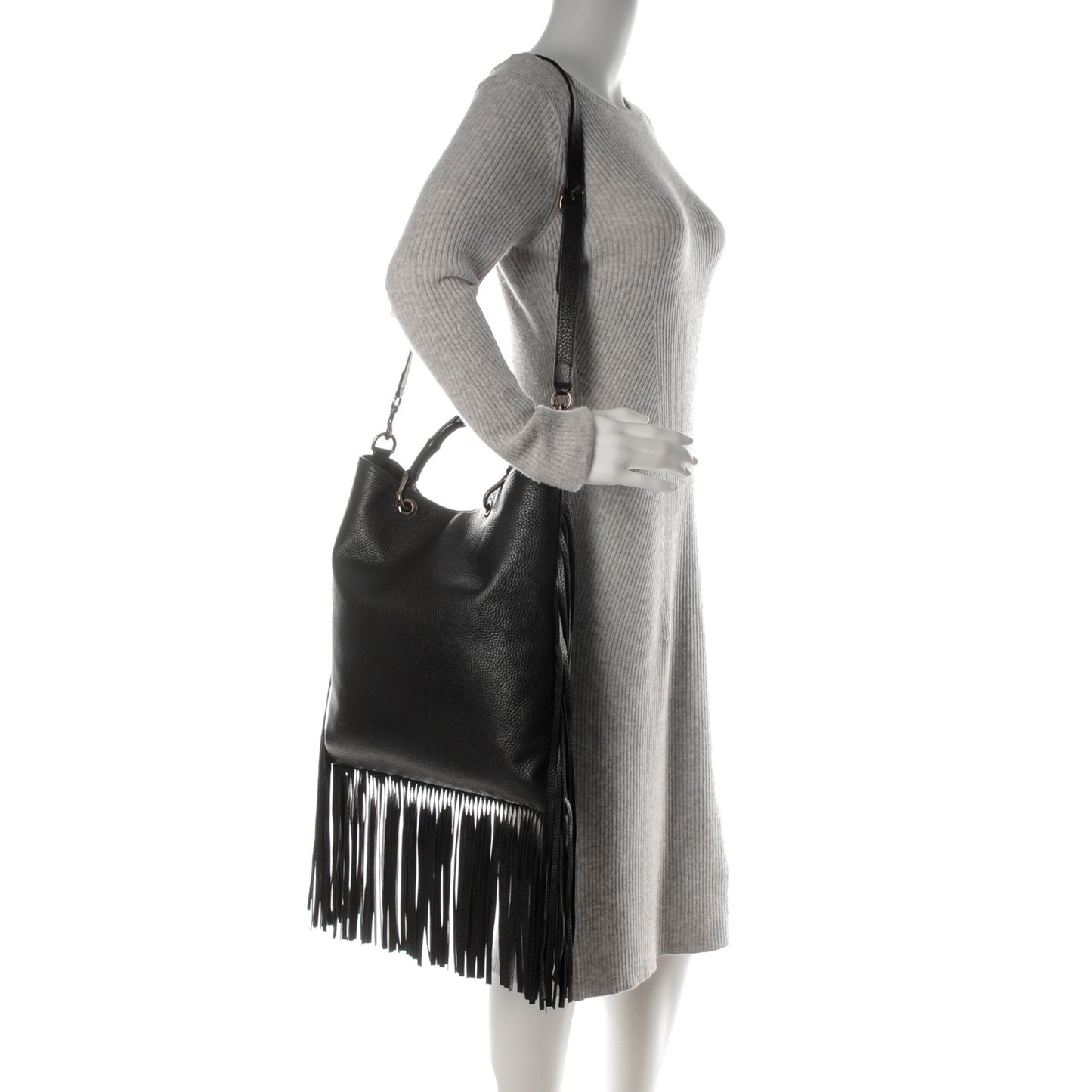 Textured Calfskin Bamboo Fringe Small Shopper Tote Black