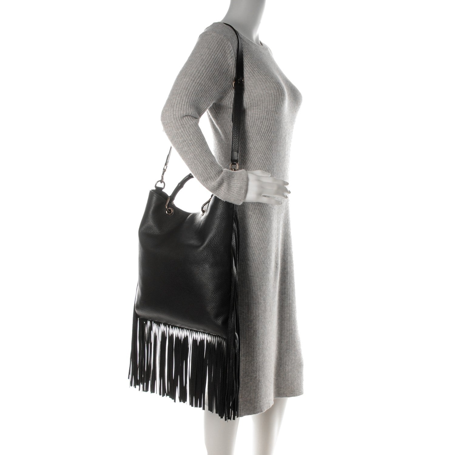 Gucci Textured Calfskin Bamboo Fringe Small Shopper Tote Black 2 of 8