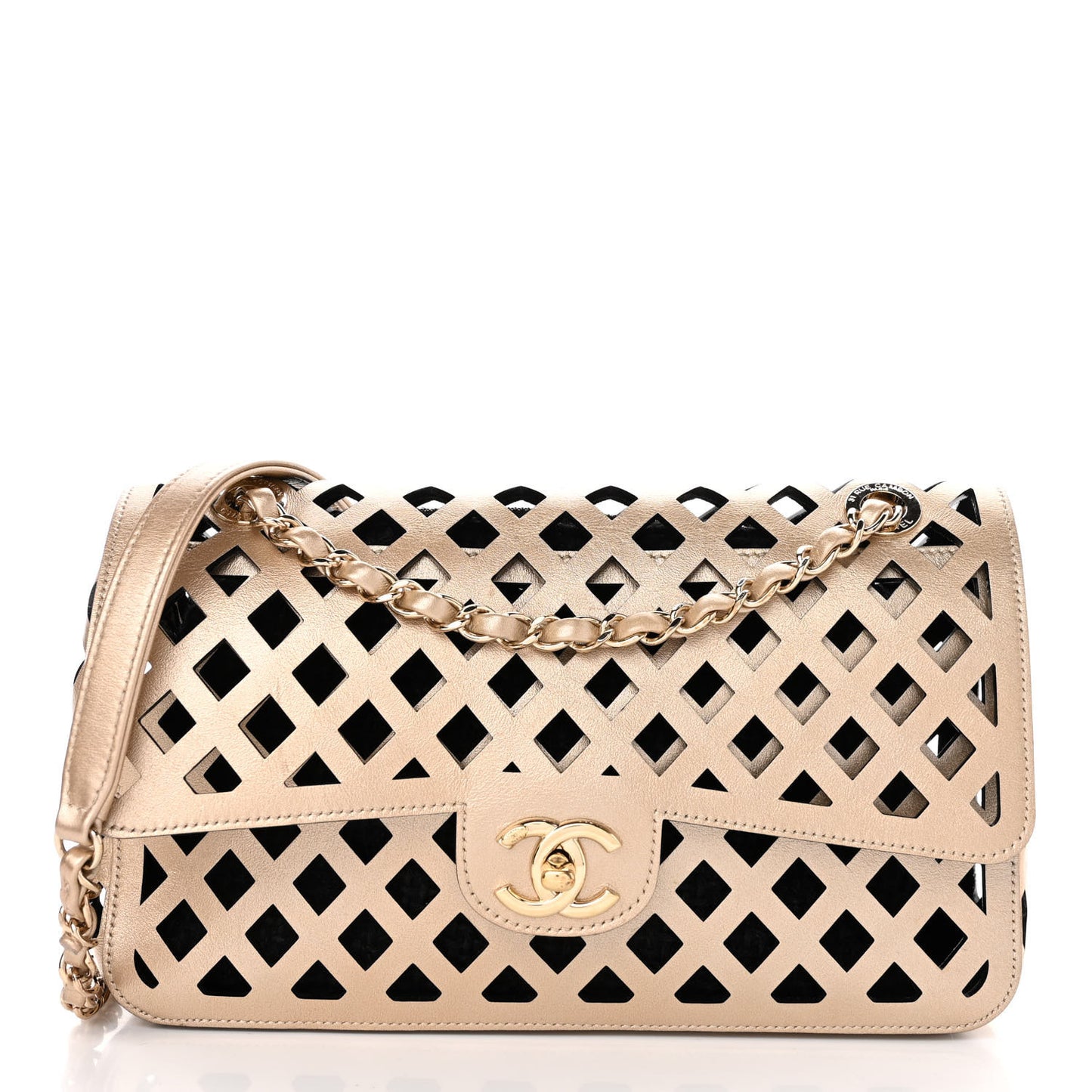 Metallic Lambskin Sea Through Flap Gold Black