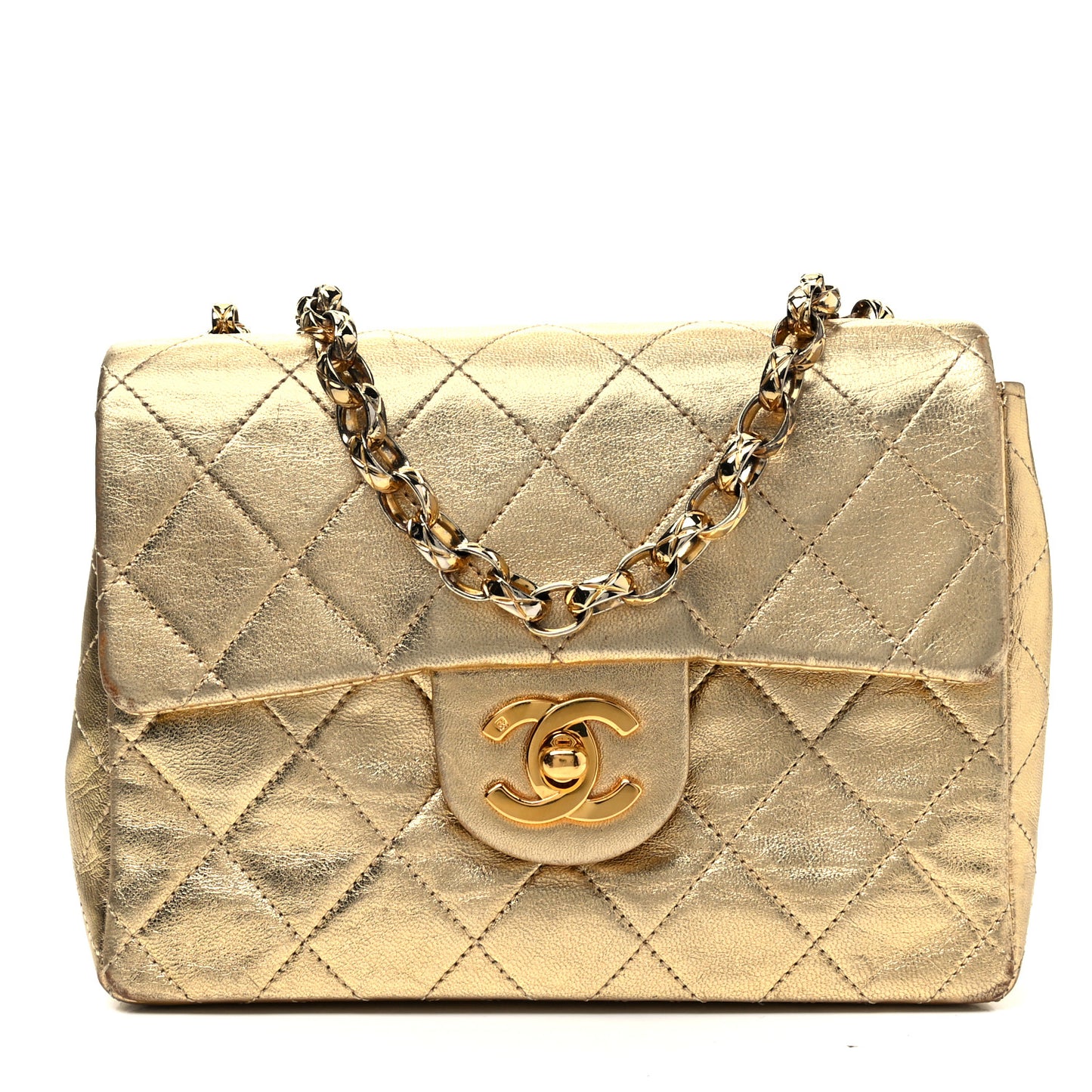 Metallic Lambskin Quilted Mini Square Flap Gold