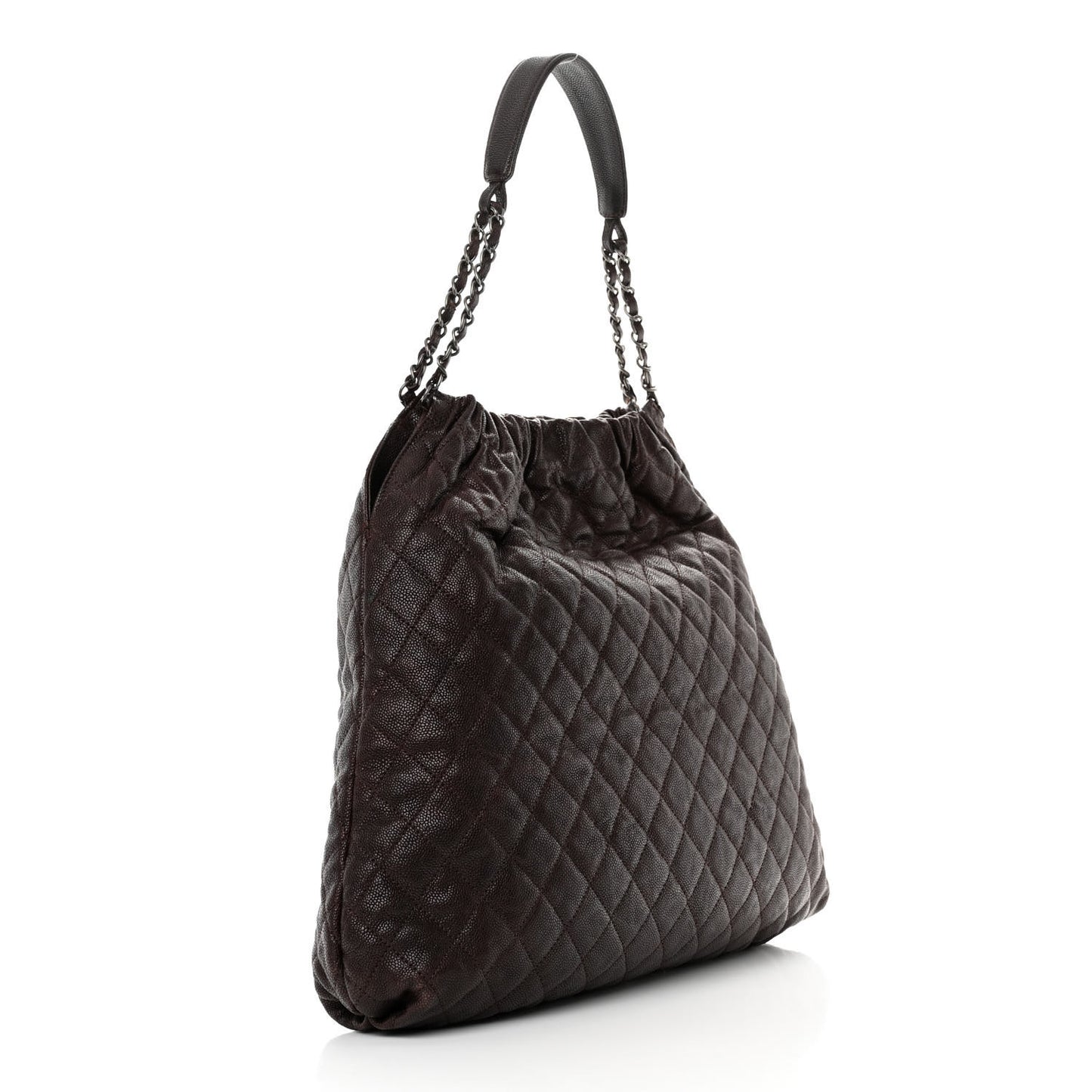 Distressed Glazed Caviar Quilted Large Elastic Tote Dark Brown