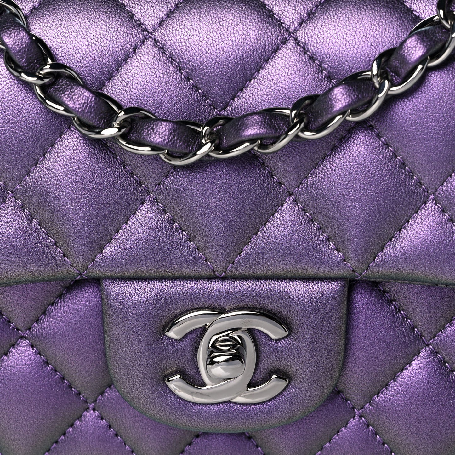 Iridescent Lambskin Quilted Mini Rectangular Flap Purple