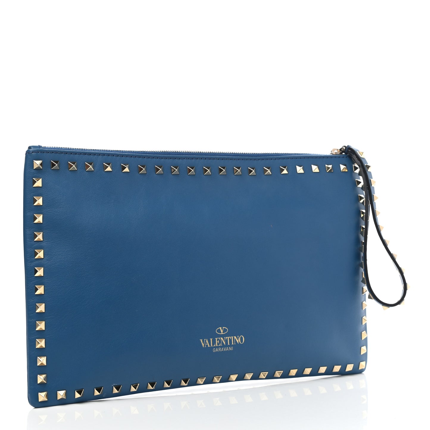 Vitello Large Rockstud Zip Wristlet Pouch Blu Delft