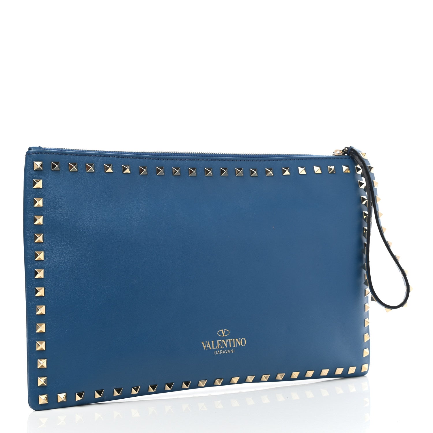 Valentino Garavani Vitello Large Rockstud Zip Wristlet Pouch Blu Delft 3 of 13