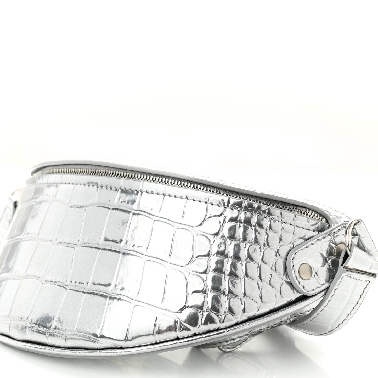 Metallic Calfskin Crocodile Embossed Quilted Souveniers Charms Belt Bag Silver