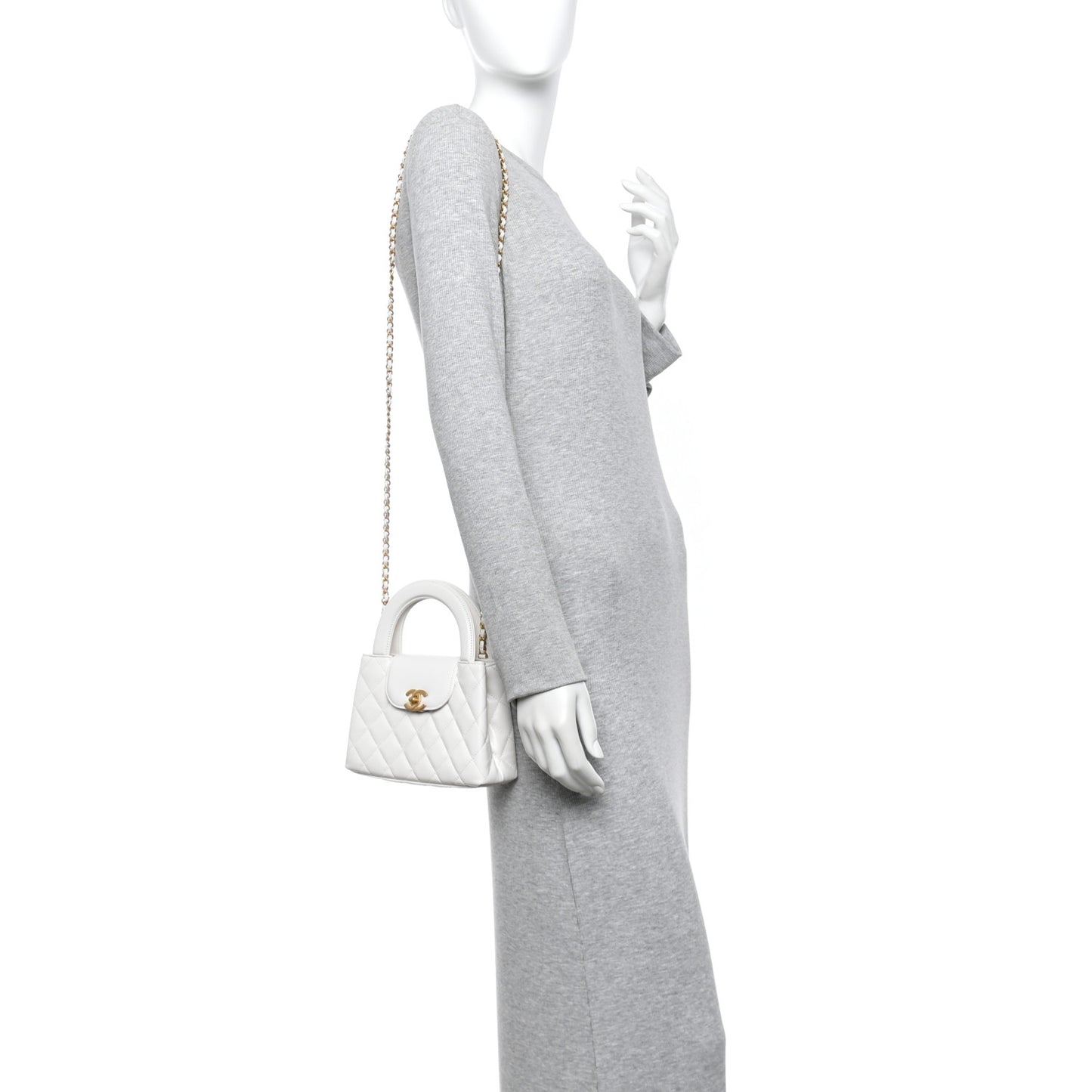 Shiny Aged Calfskin Quilted Nano Kelly Shopper White