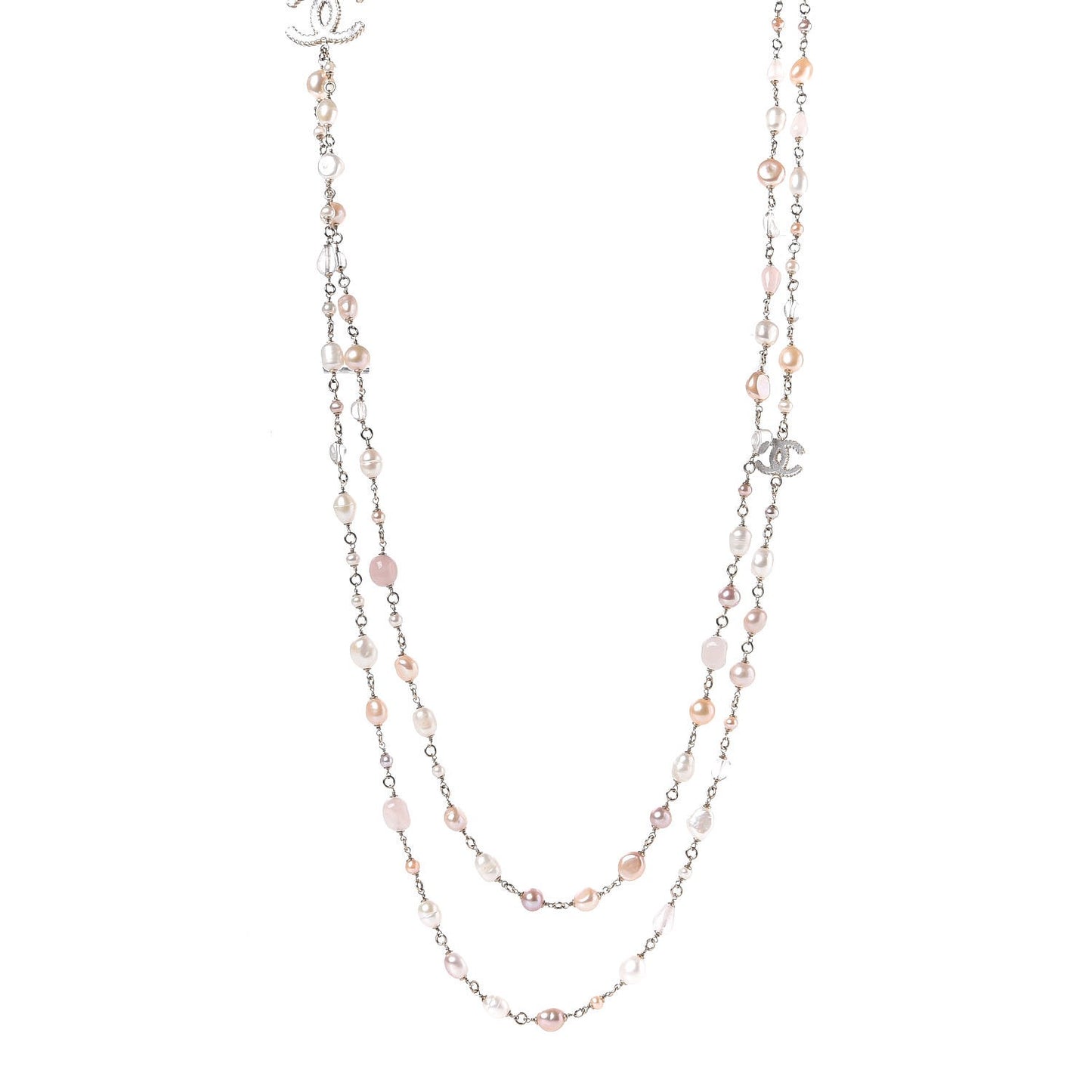 Crystal Pearl CC Long Necklace Light Gold Pink