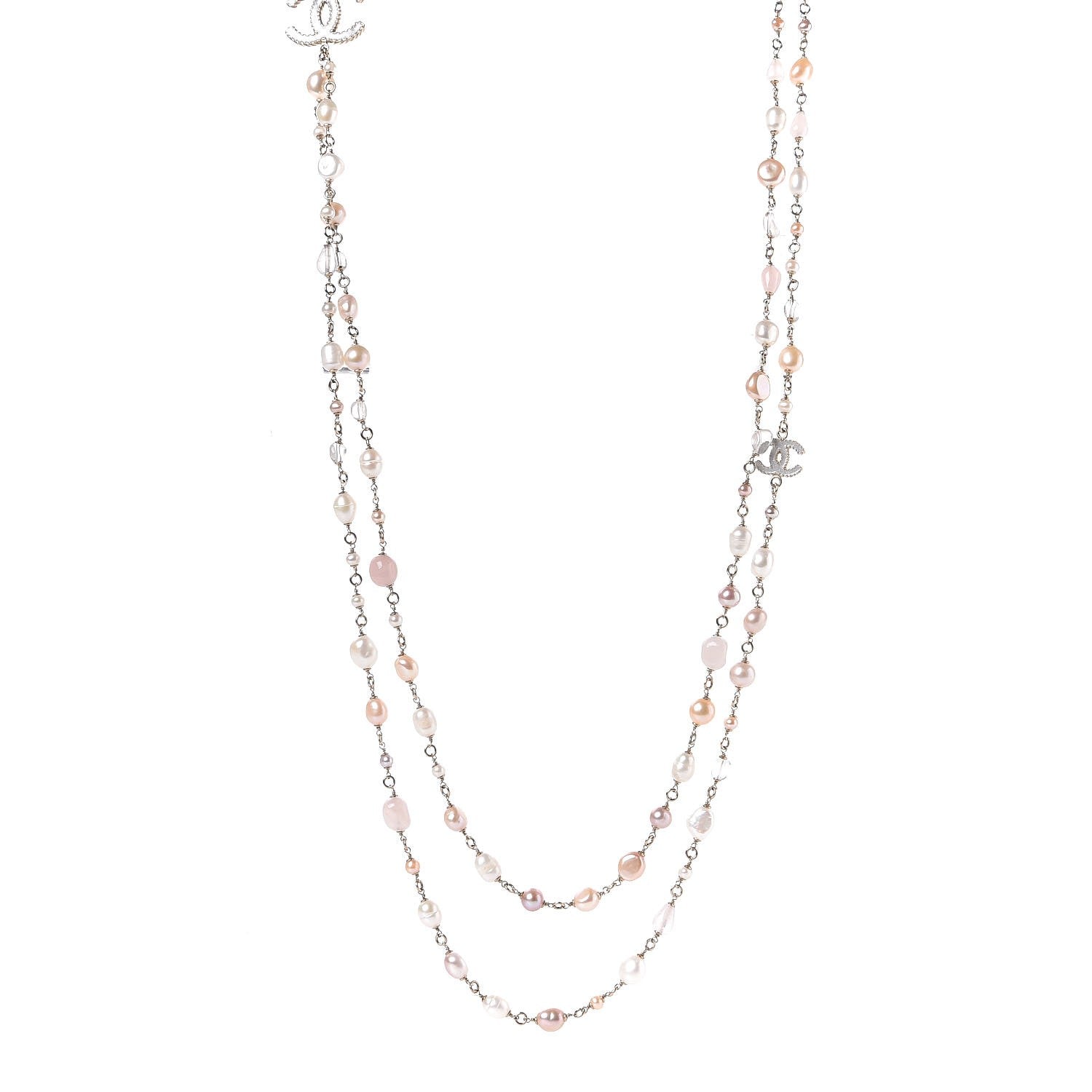Chanel Crystal Pearl CC Long Necklace Light Gold Pink 1 of 5