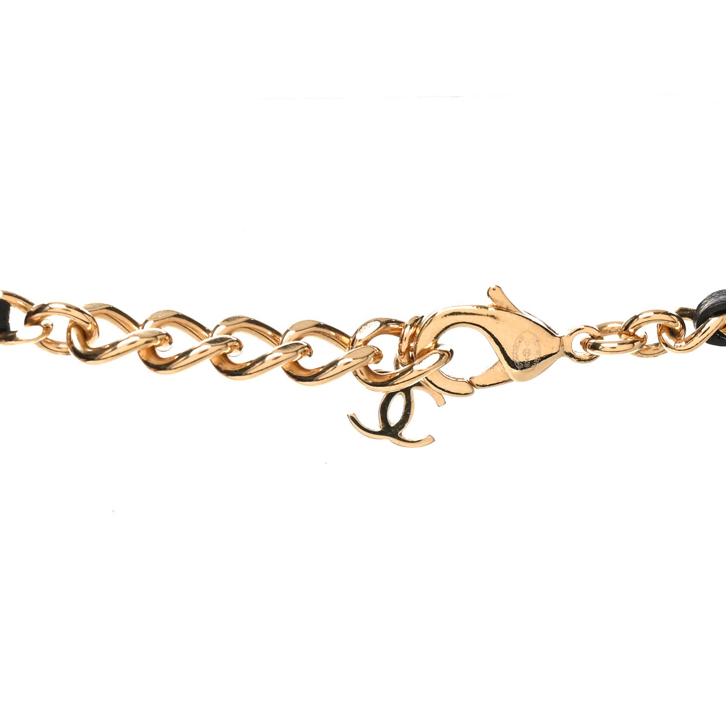 Metal Lambskin Crystal Pearl CC Rollerskate Necklace Gold Black