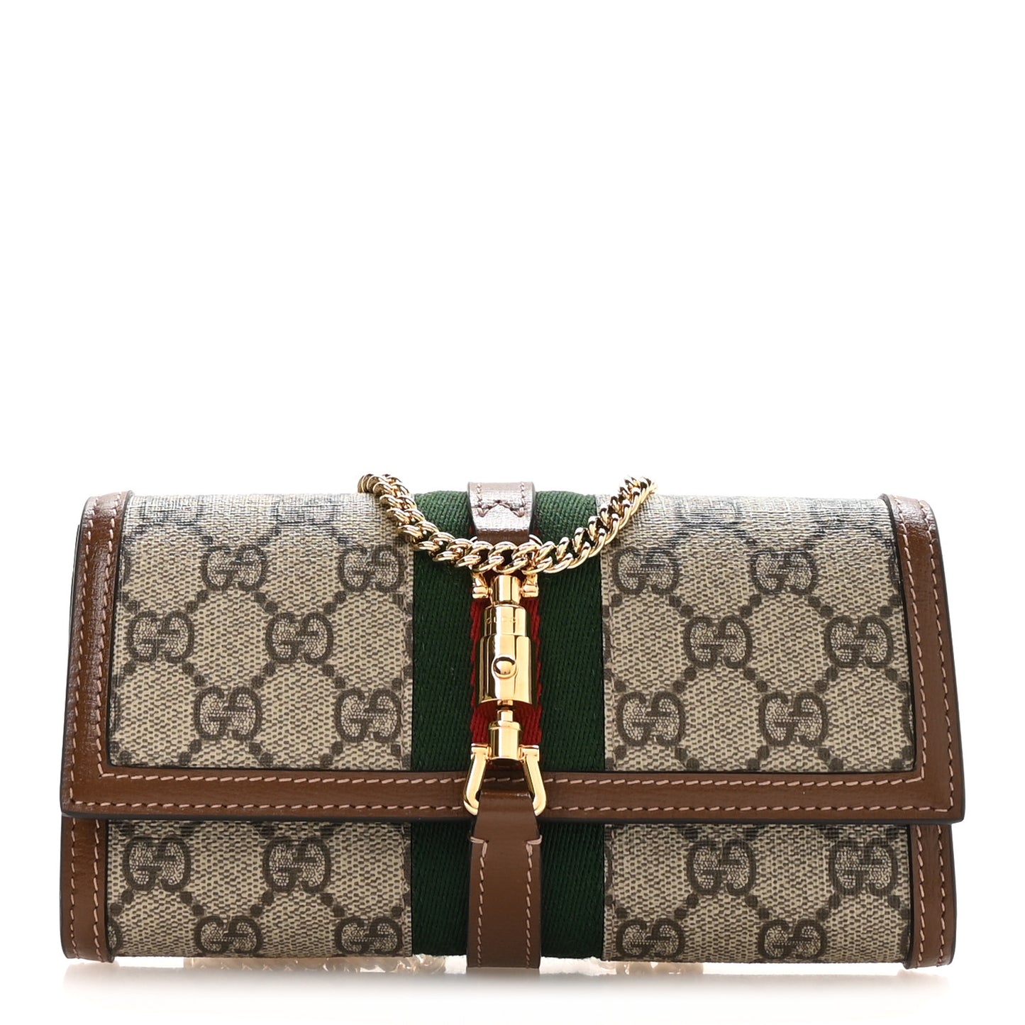 GG Supreme Monogram Azalea Calfskin Web Jackie 1961 Chain Wallet Beige Ebony Brown Sugar