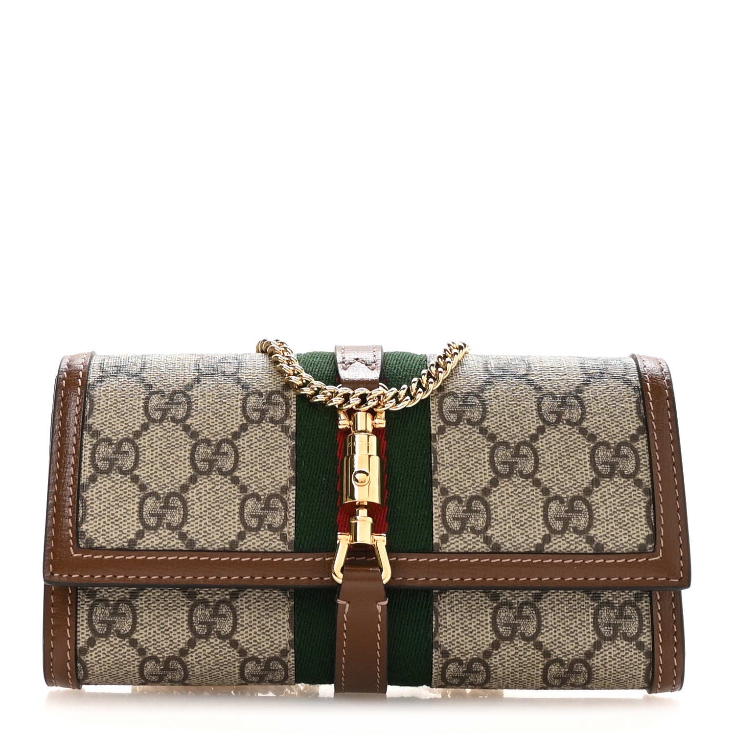 Gucci GG Supreme Monogram Azalea Calfskin Web Jackie 1961 Chain Wallet Beige Ebony Brown Sugar 1 of 11
